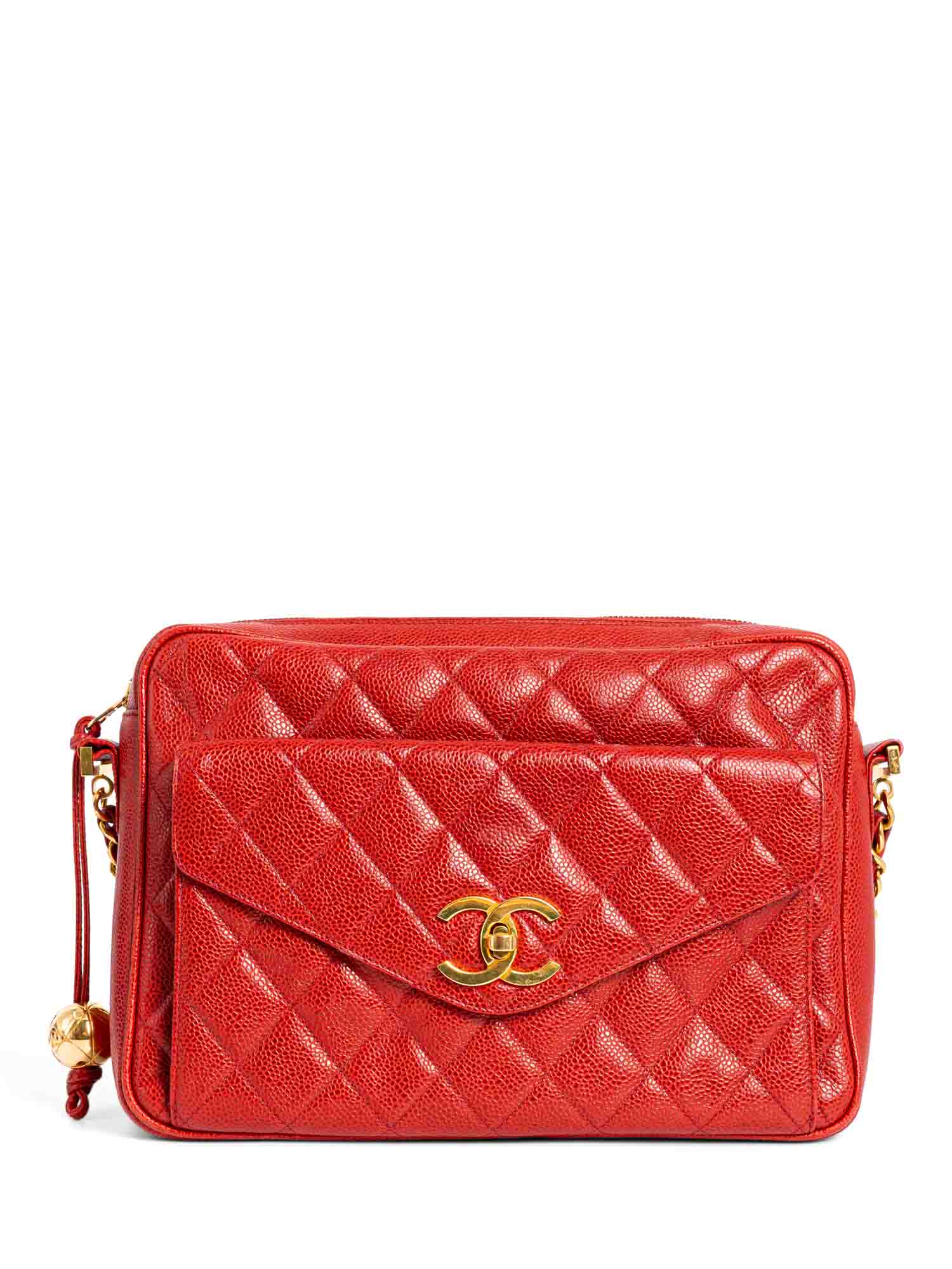 Chanel CC Logo Quilted Caviar Leather Flap Messenger Bag Red