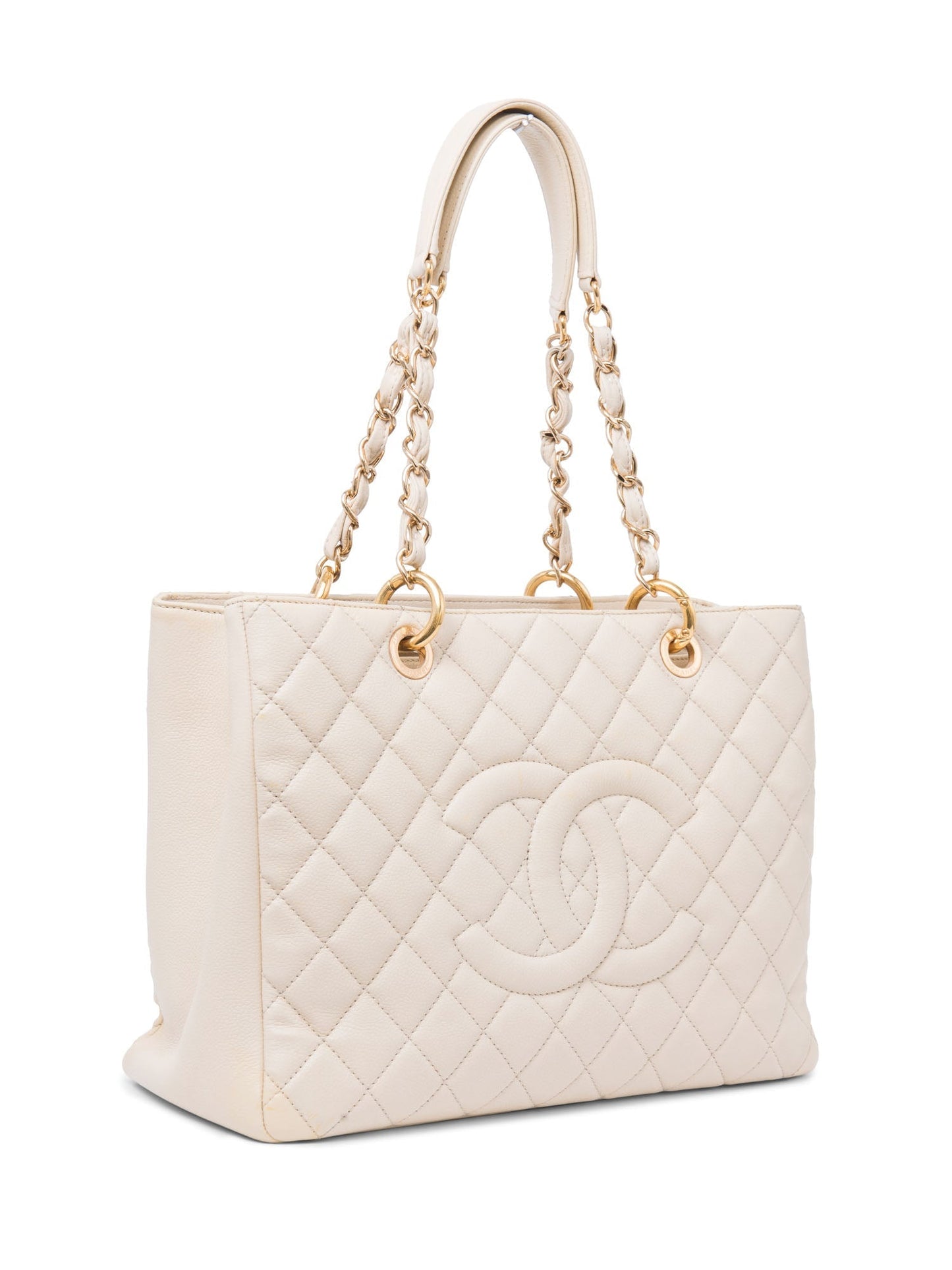 Chanel CC Logo Quilted Caviar Leather Shopper Bag Beige Gold