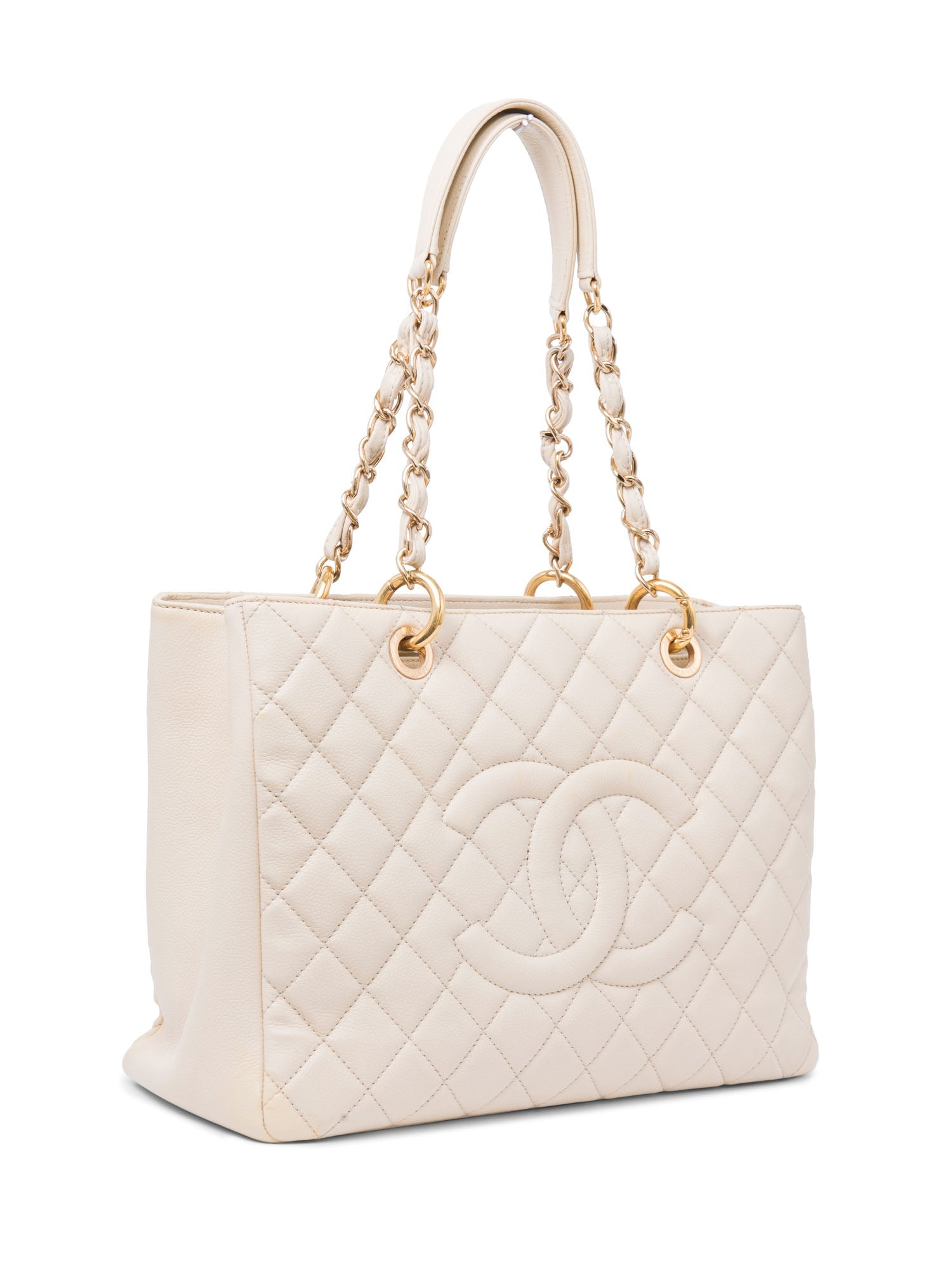 Chanel CC Logo Quilted Caviar Leather Shopper Bag Beige Gold