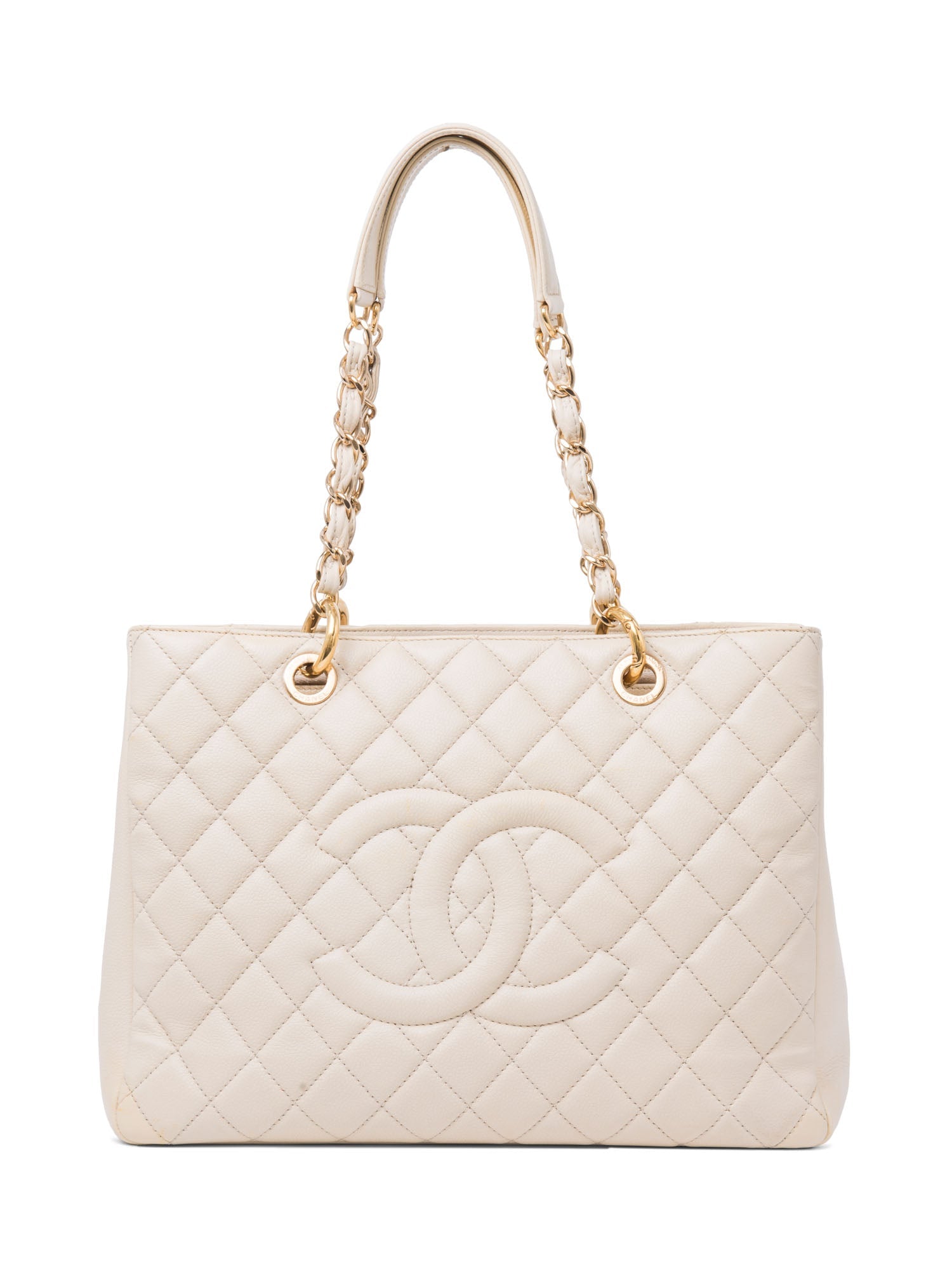 Chanel CC Logo Quilted Caviar Leather Shopper Bag Beige Gold