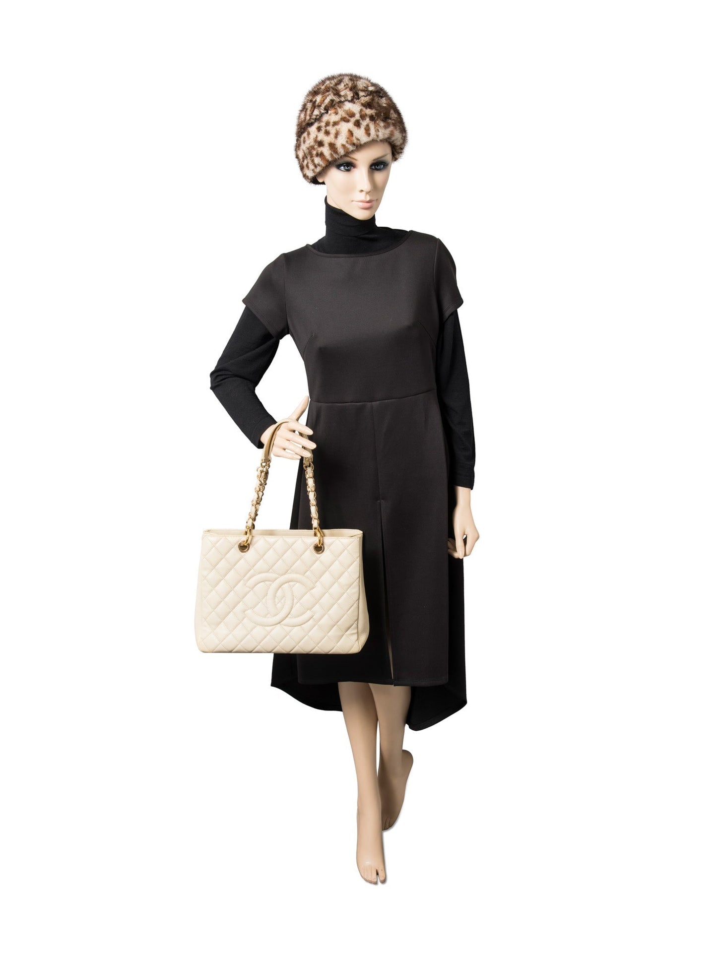 Chanel CC Logo Quilted Caviar Leather Shopper Bag Beige Gold