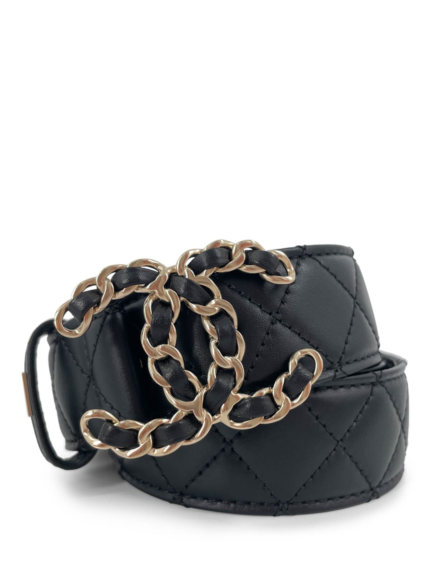 Chanel CC Logo Quilted Leather Belt Black Silver