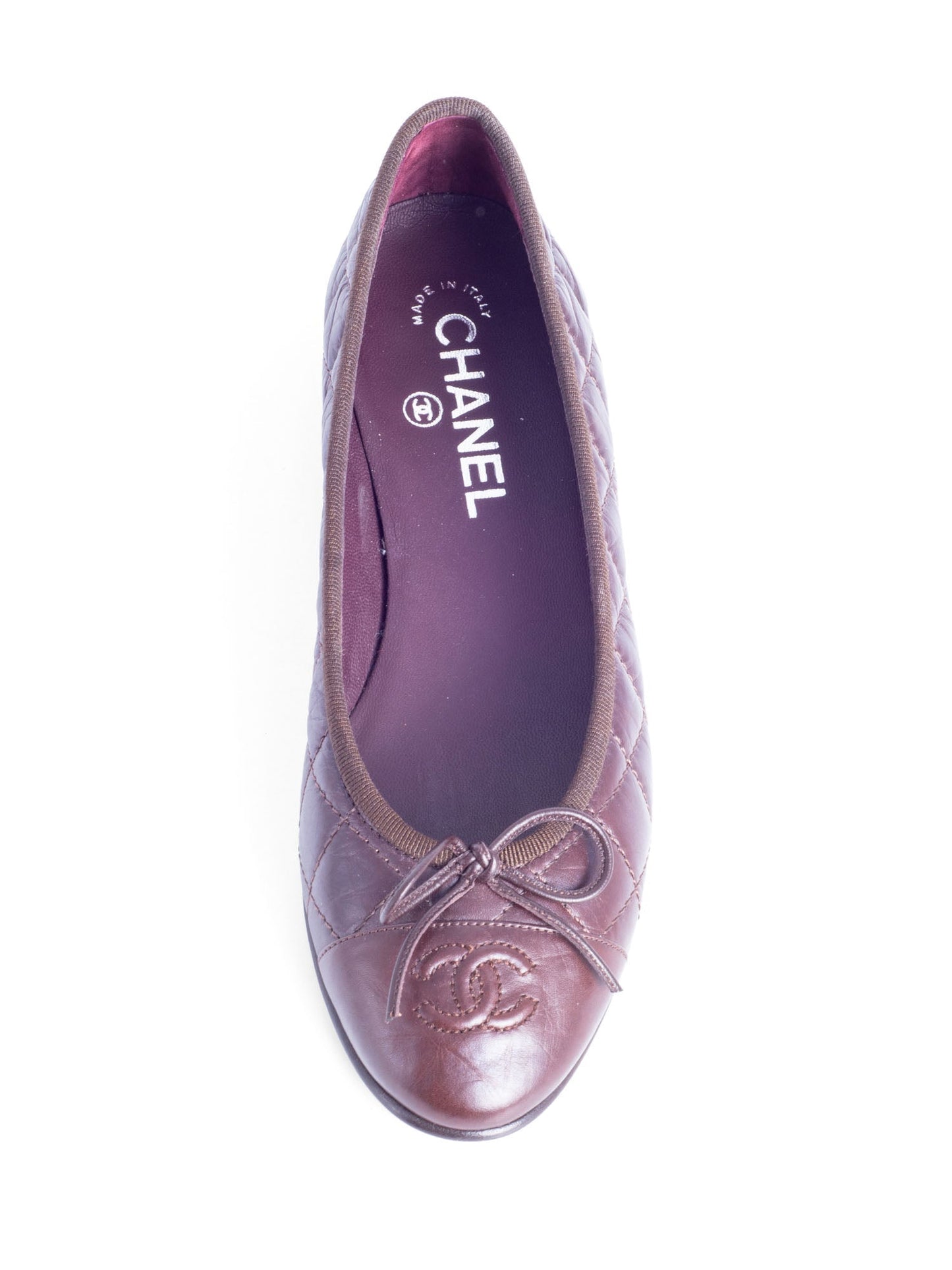 Chanel CC Logo Quilted Leather Bowtie Cap Toe Ballet Flats Brown