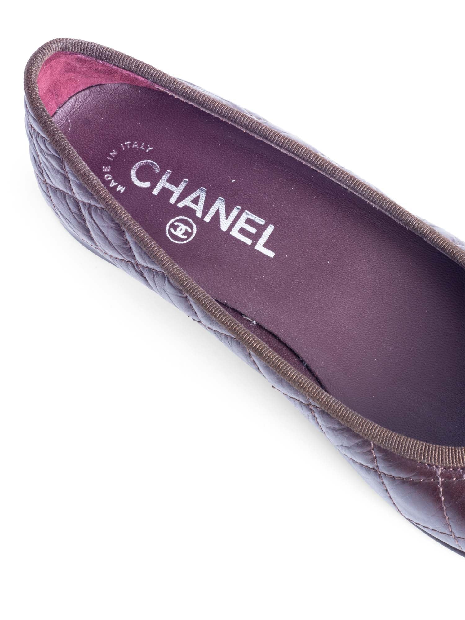 Chanel CC Logo Quilted Leather Bowtie Cap Toe Ballet Flats Brown