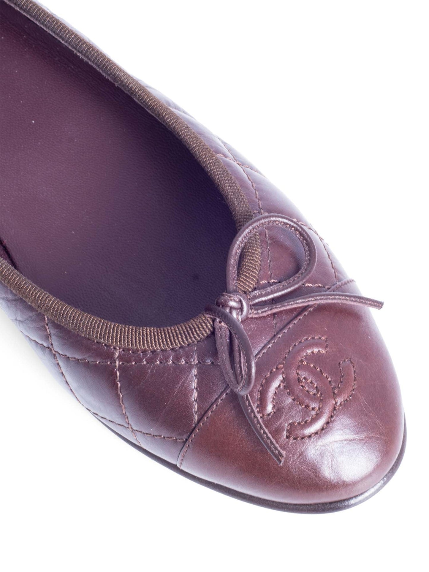 Chanel CC Logo Quilted Leather Bowtie Cap Toe Ballet Flats Brown