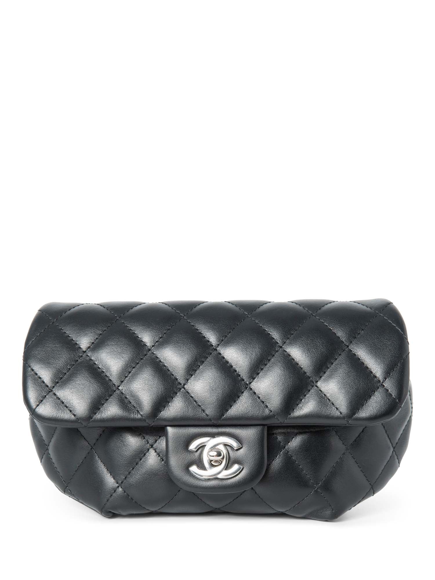 Chanel CC Logo Quilted Leather Chain Belt Bag Black Silver
