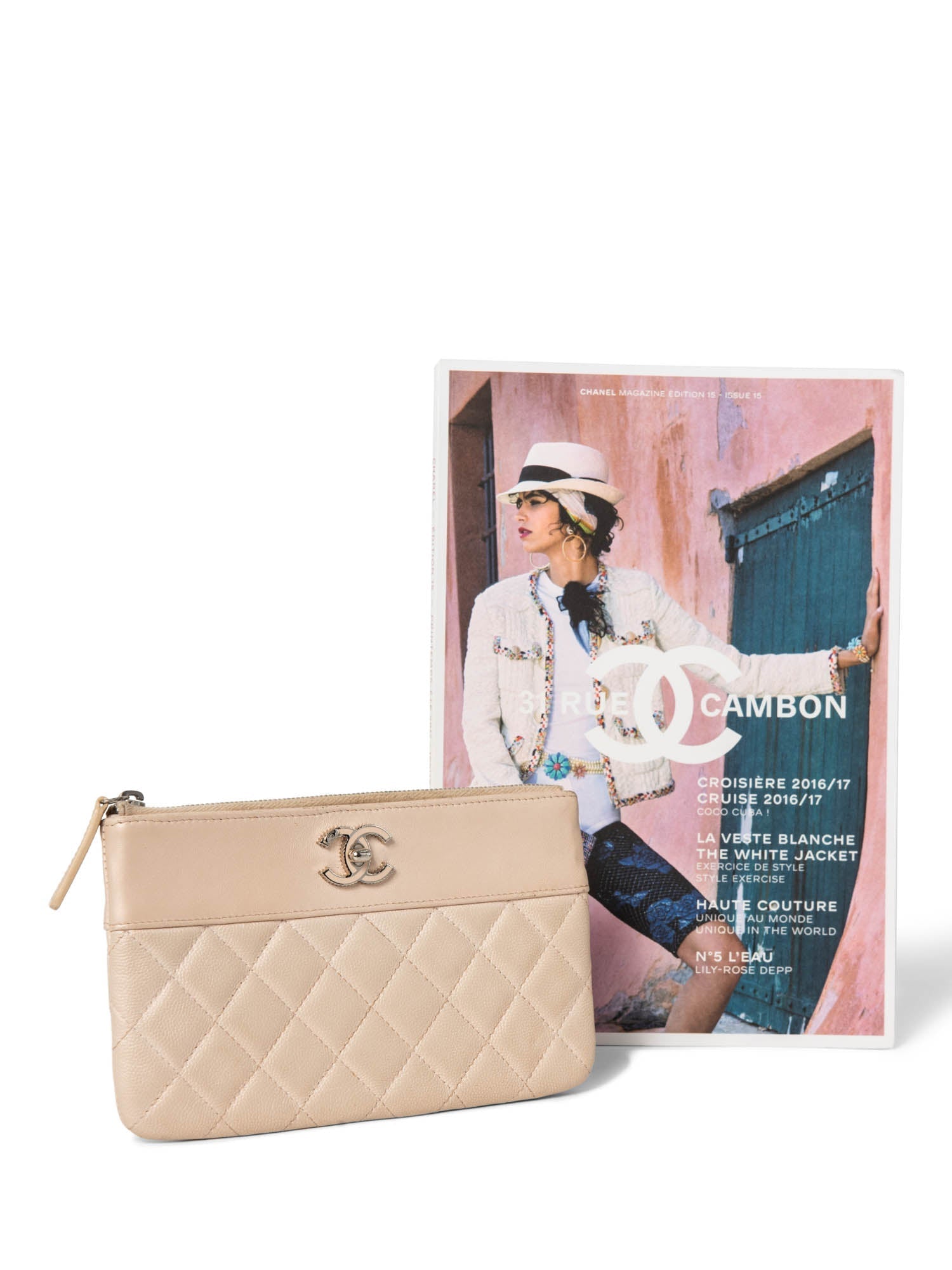 Chanel CC Logo Quilted Leather Clutch Blush Pink