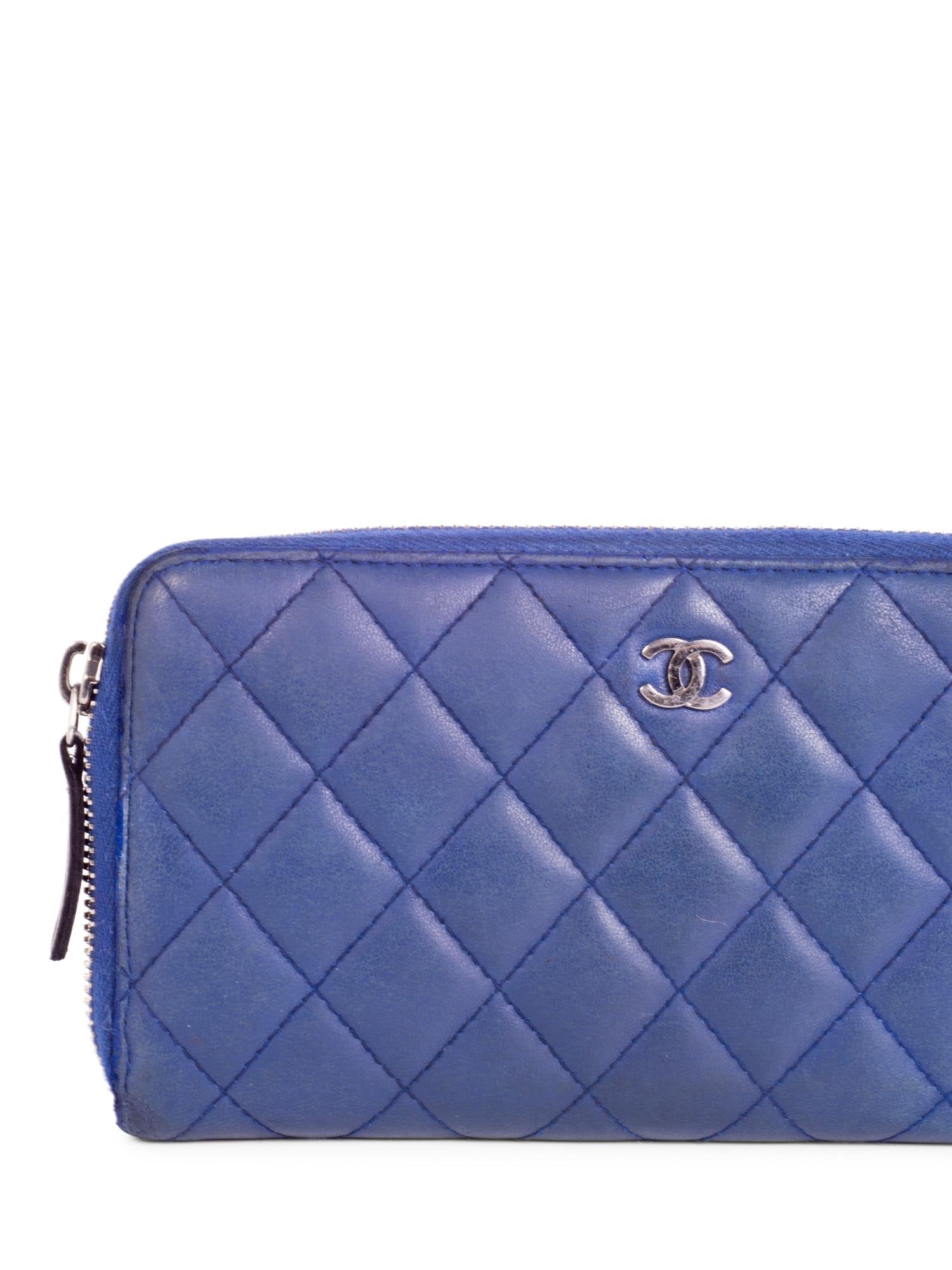 Chanel CC Logo Quilted Leather Continental Zip Around Wallet Blue