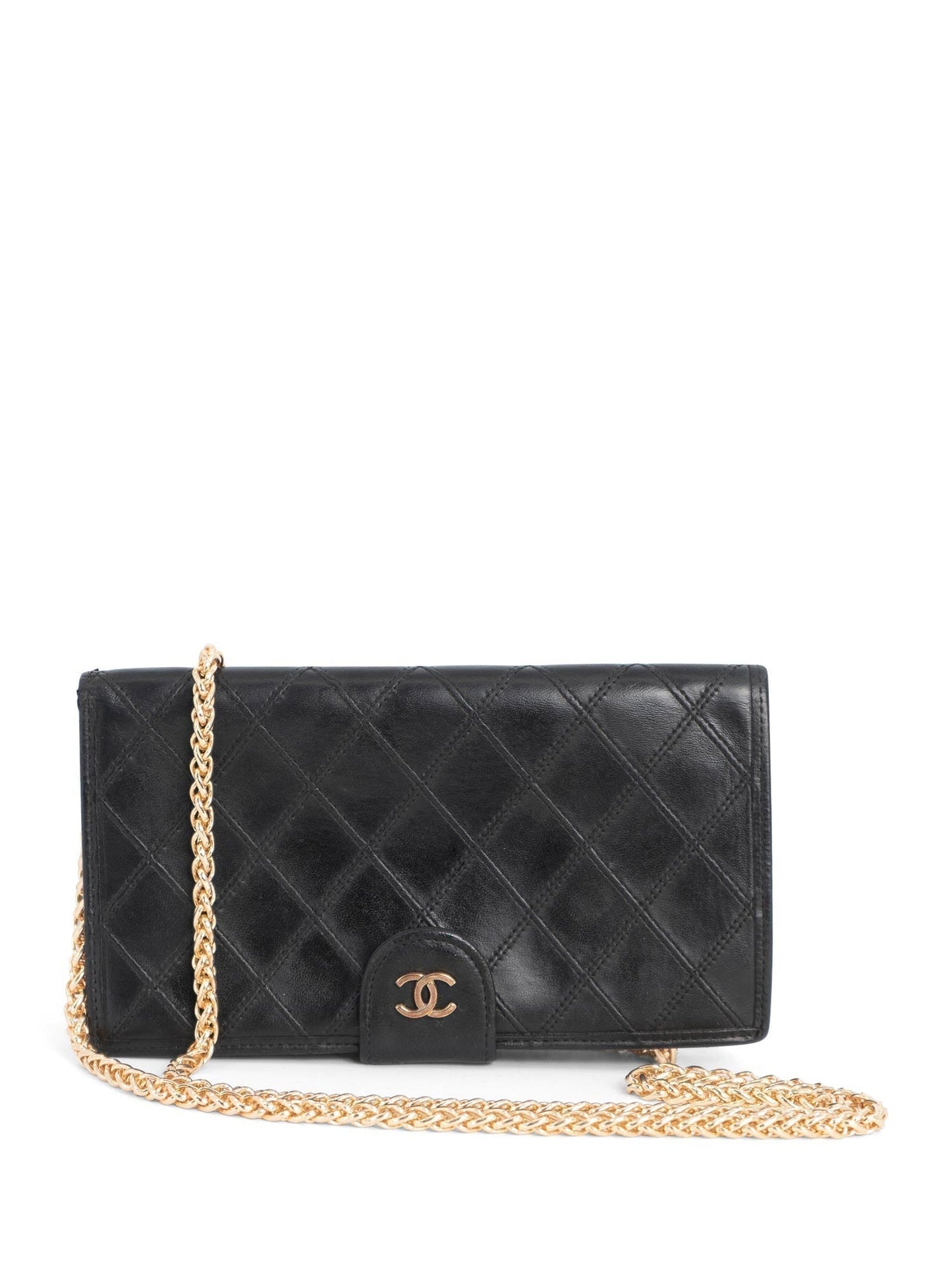Chanel CC Logo Quilted Leather Kiss Lock Wallet on Chain Black
