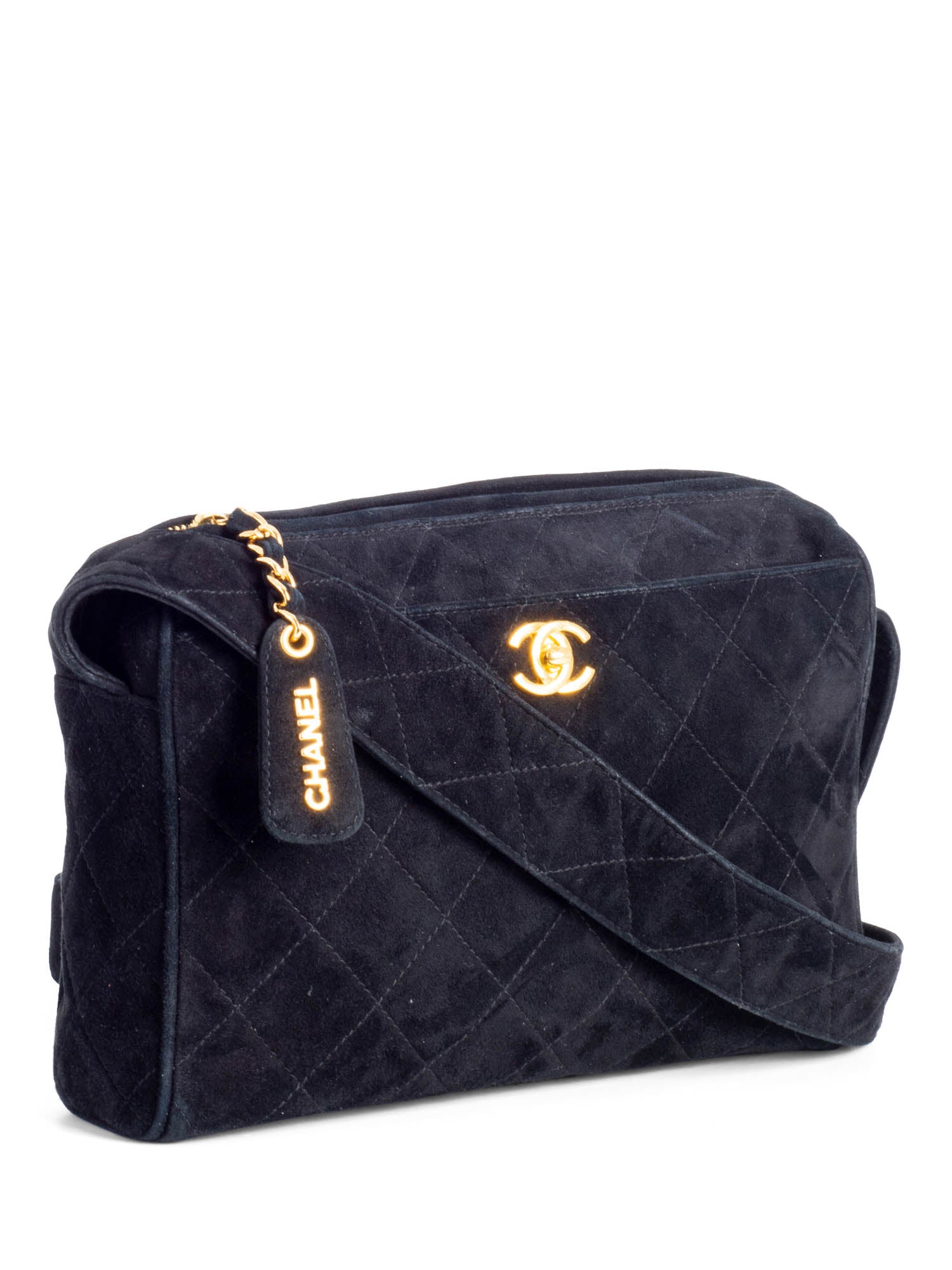 Chanel CC Logo Quilted Suede Camera Messenger Bag Black