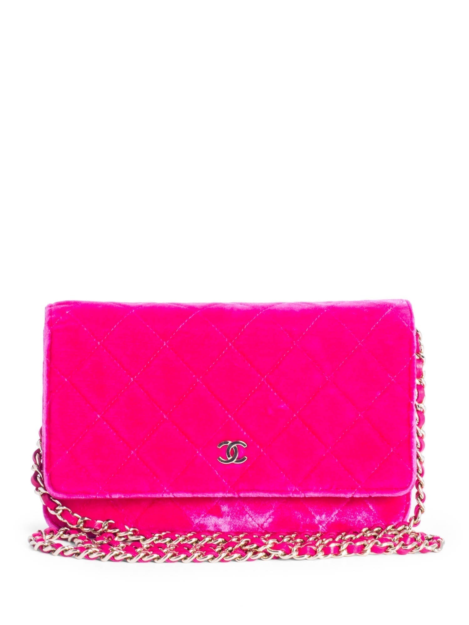 Chanel CC Logo Quilted Velvet Messenger Wallet on Chain Hot Pink