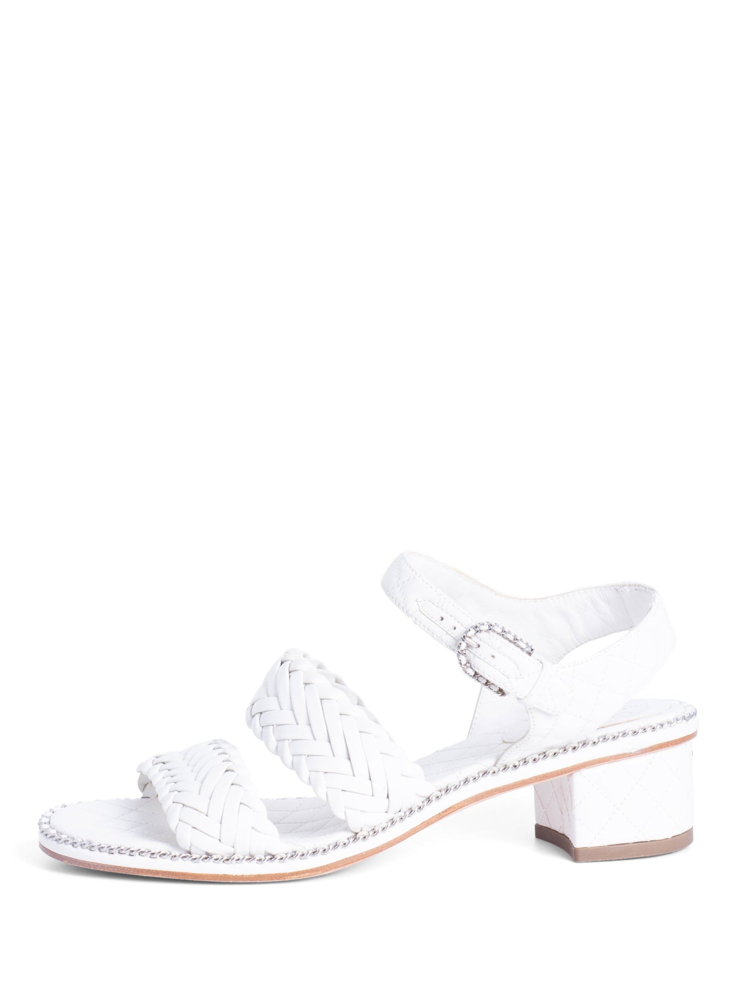Chanel CC Logo Quilted Woven Chain Block Heel Sandal White