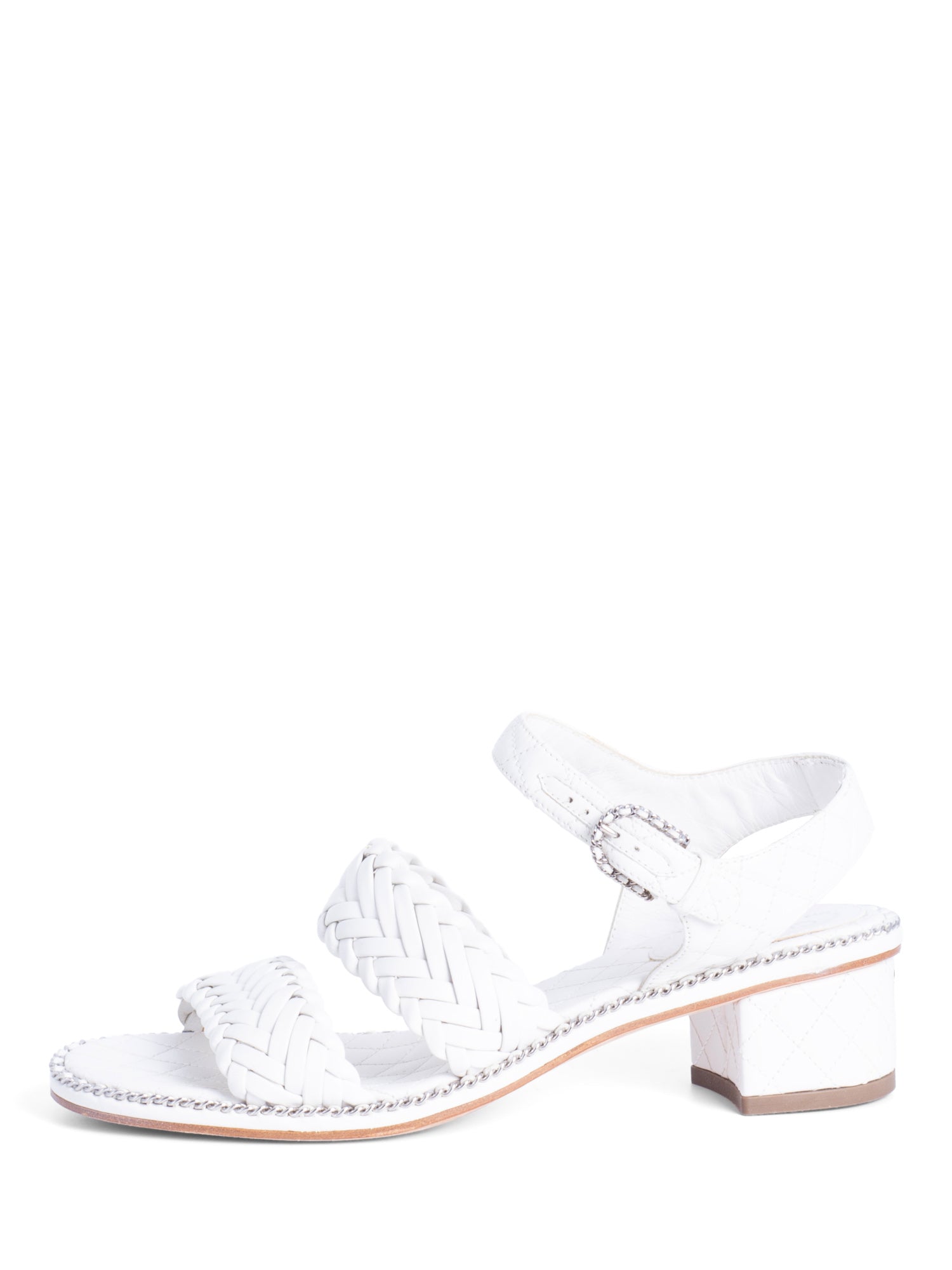 Chanel CC Logo Quilted Woven Chain Block Heel Sandal White