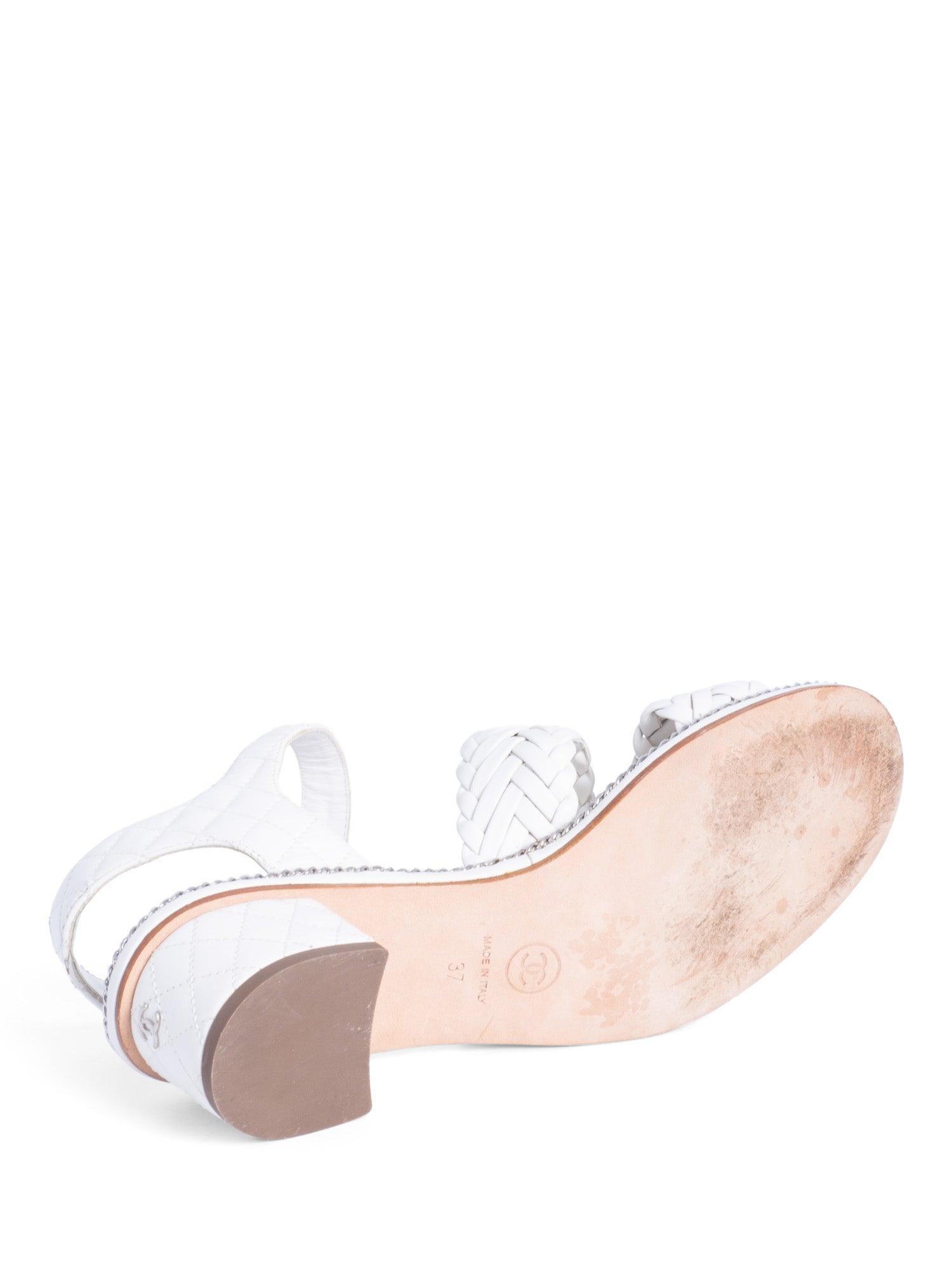 Chanel CC Logo Quilted Woven Chain Block Heel Sandal White