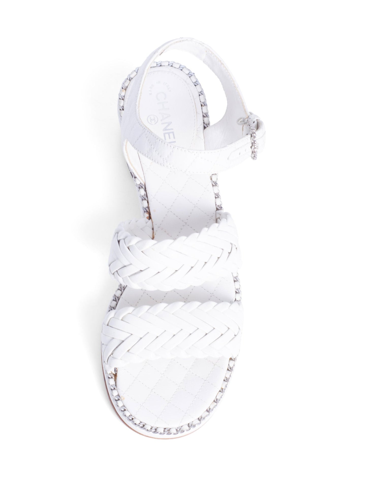 Chanel CC Logo Quilted Woven Chain Block Heel Sandal White