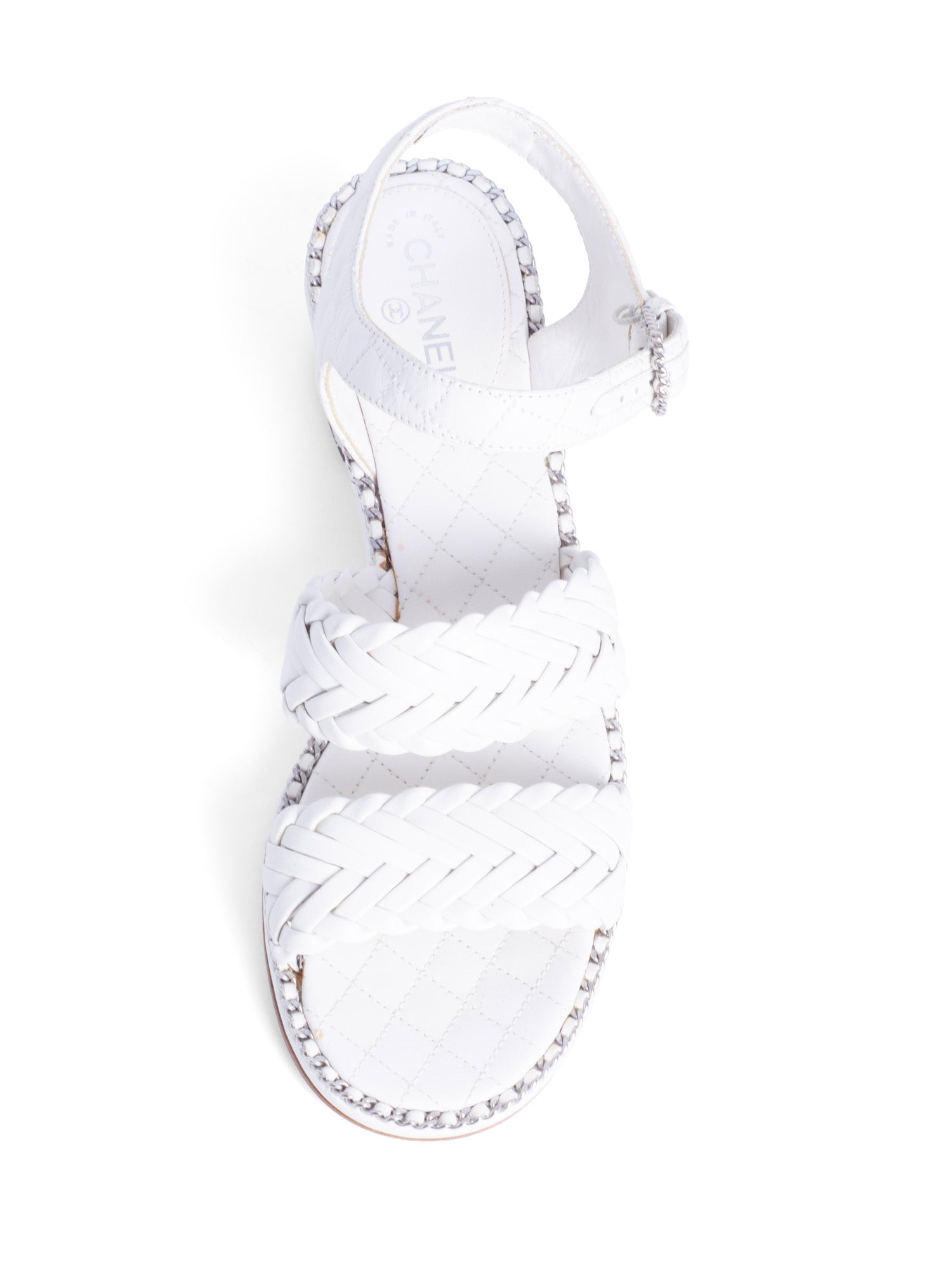 Chanel CC Logo Quilted Woven Chain Block Heel Sandal White