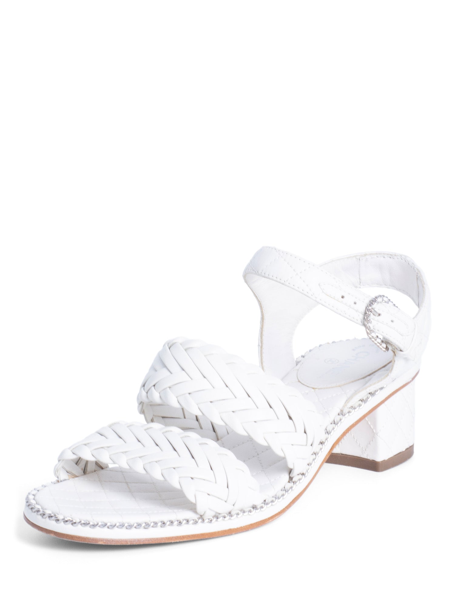Chanel CC Logo Quilted Woven Chain Block Heel Sandal White
