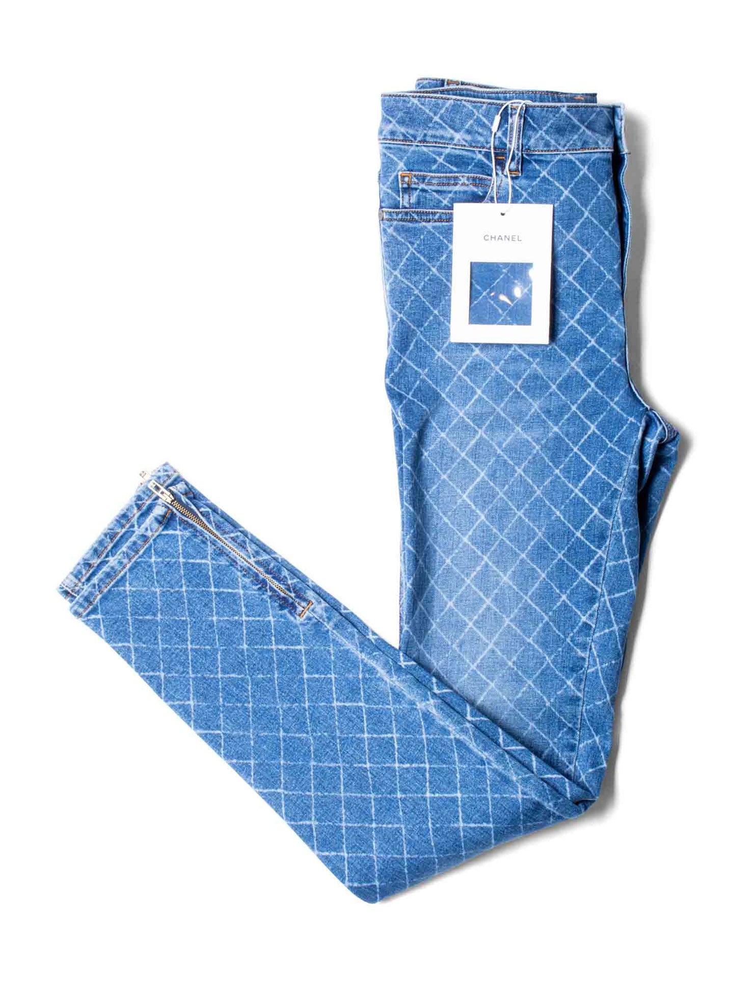 Chanel CC Logo Quilted Zippered Skinny Denim Jeans Blue