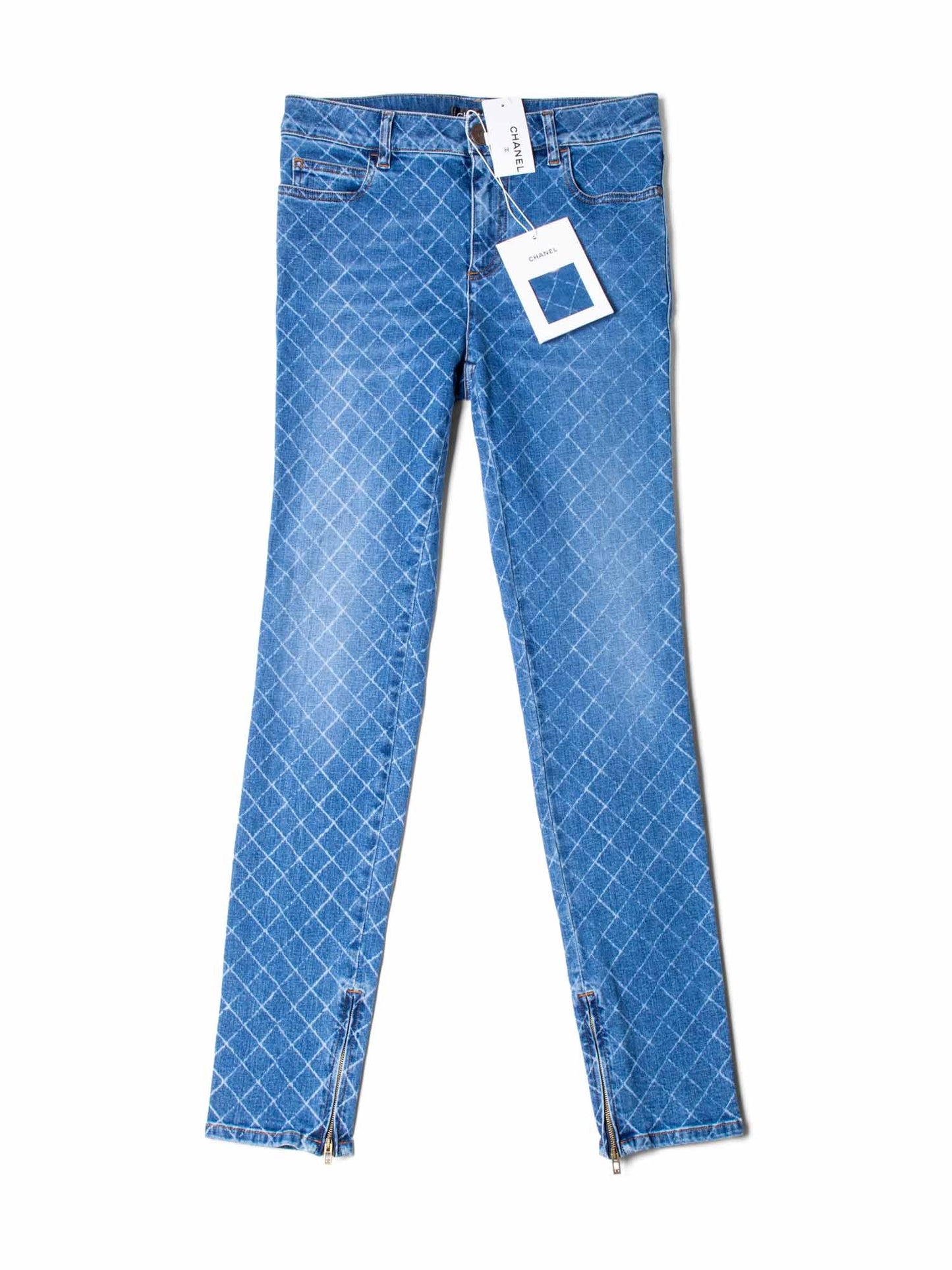 Chanel CC Logo Quilted Zippered Skinny Denim Jeans Blue