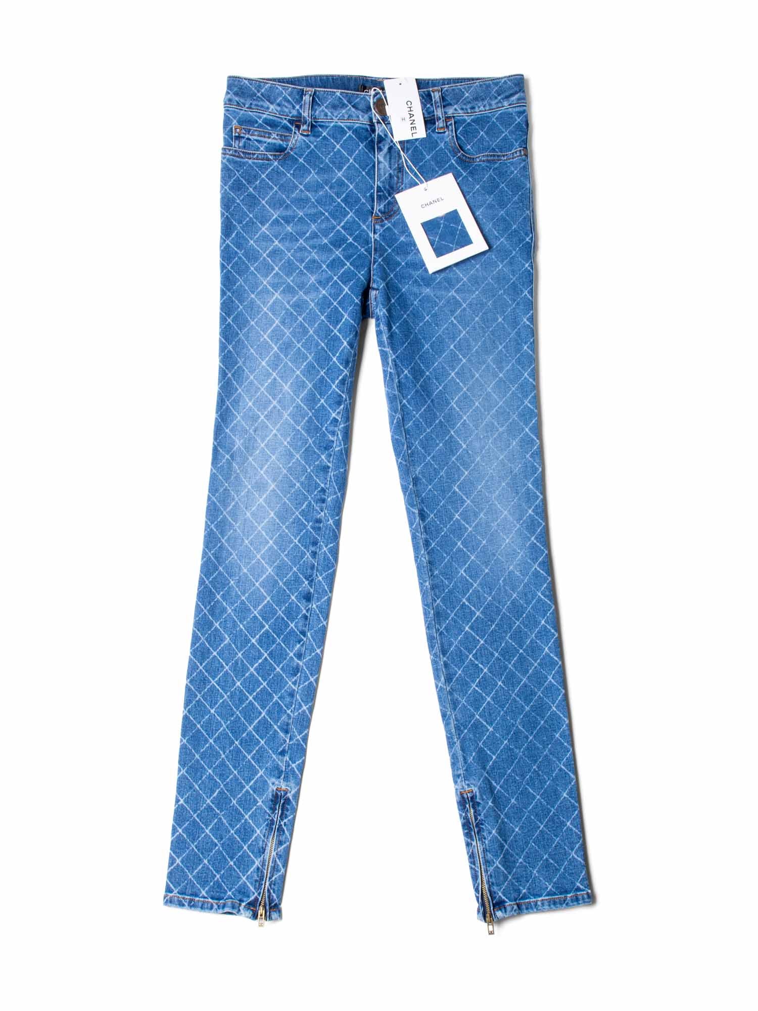 Chanel CC Logo Quilted Zippered Skinny Denim Jeans Blue