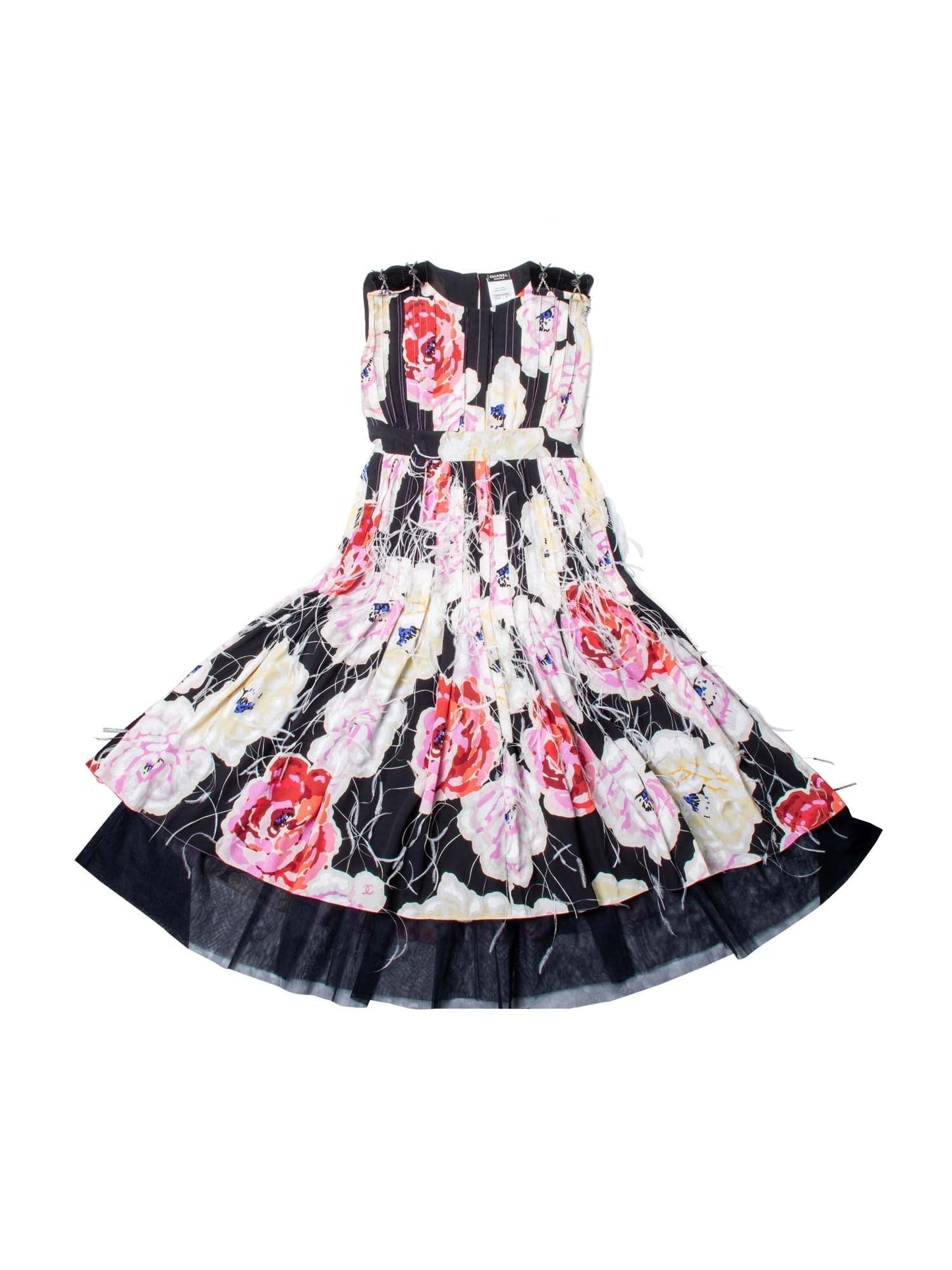 Chanel CC Logo Runway Silk Feathered Cameilla A-Line Dress Multicolor