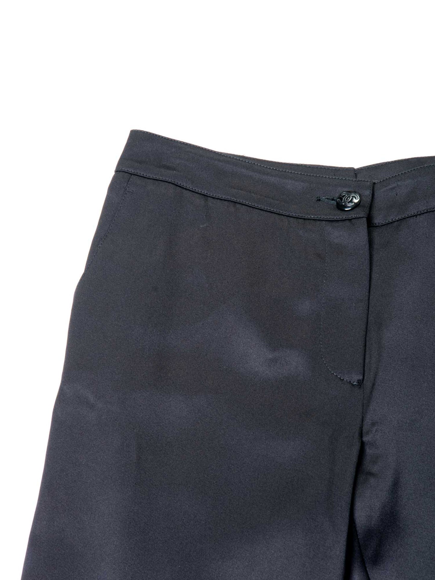 Chanel CC Logo Satin Silk Zippered Pants Black