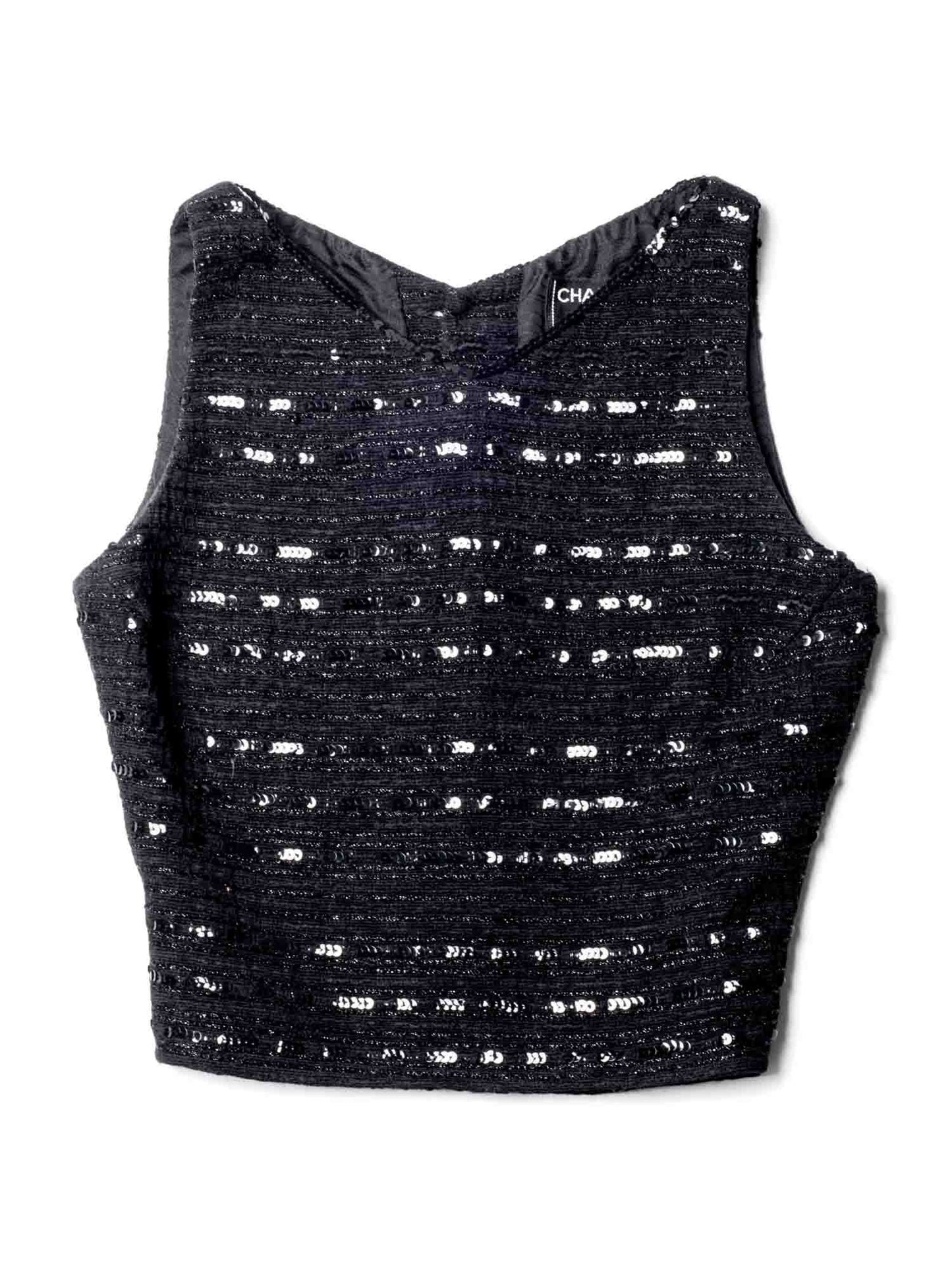 Chanel CC Logo Sequin Tweed Cropped Top Black