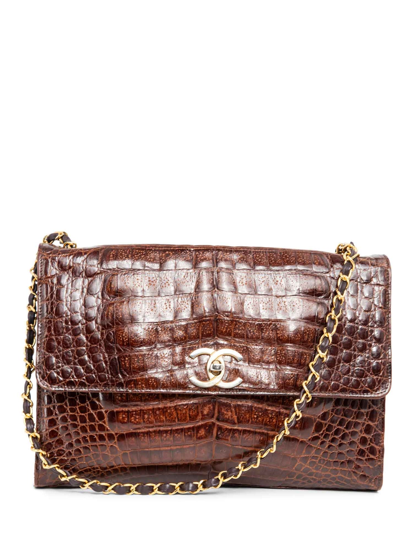 Chanel CC Logo Shiny Crocodile Jumbo Flap Messenger Bag Brown