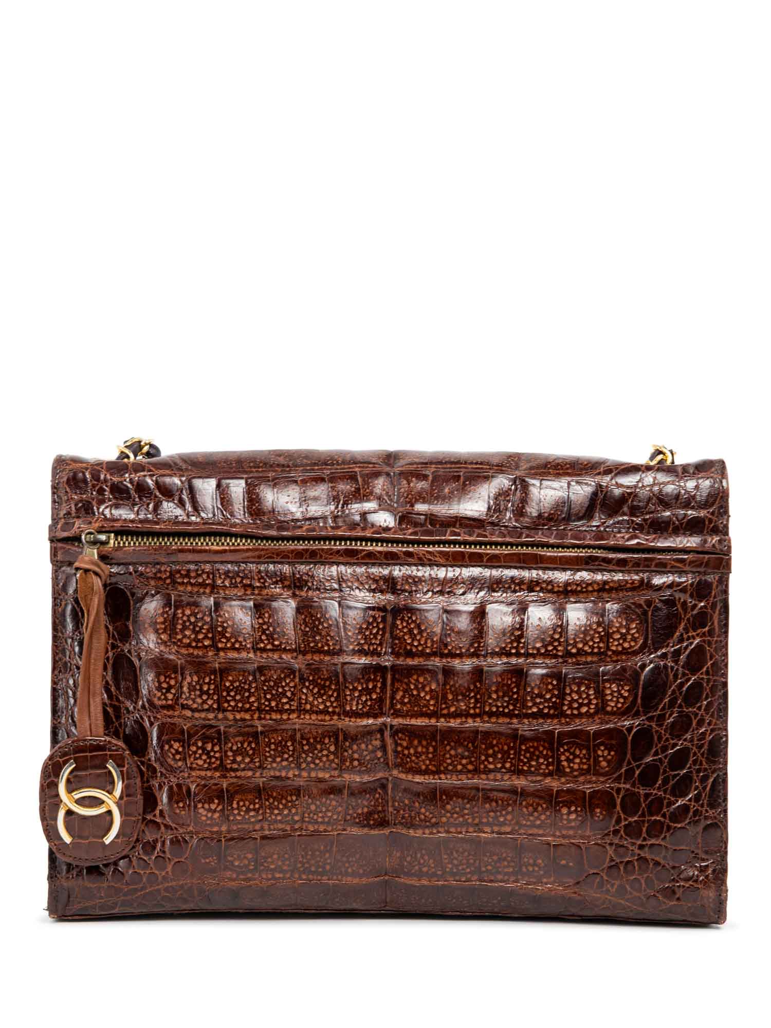 Chanel CC Logo Shiny Crocodile Jumbo Flap Messenger Bag Brown