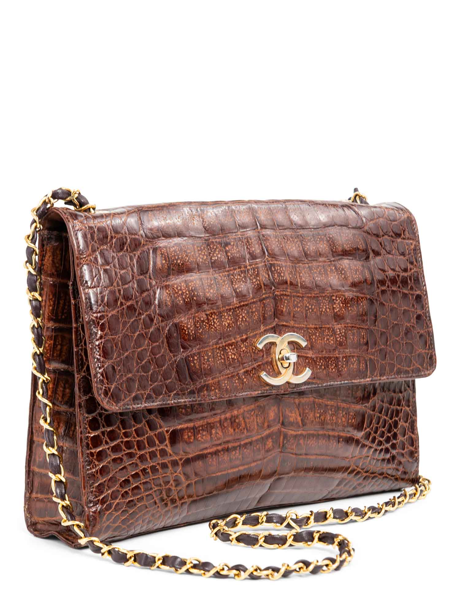 Chanel CC Logo Shiny Crocodile Jumbo Flap Messenger Bag Brown