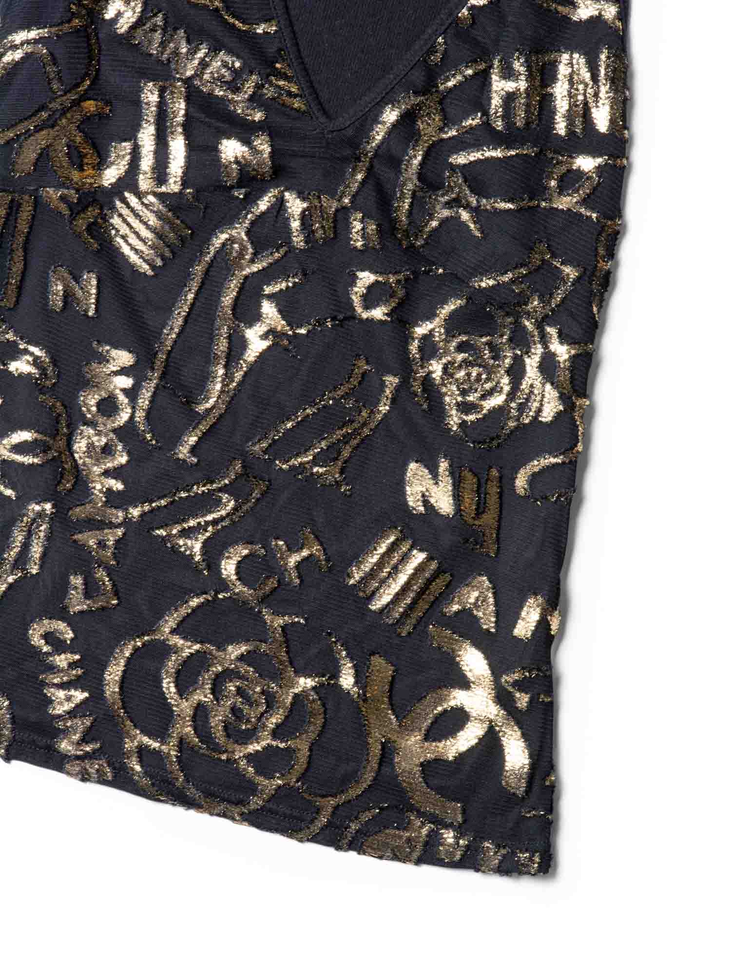 Chanel CC Logo Silk New York Graffiti Sleeveless Top Black Gold