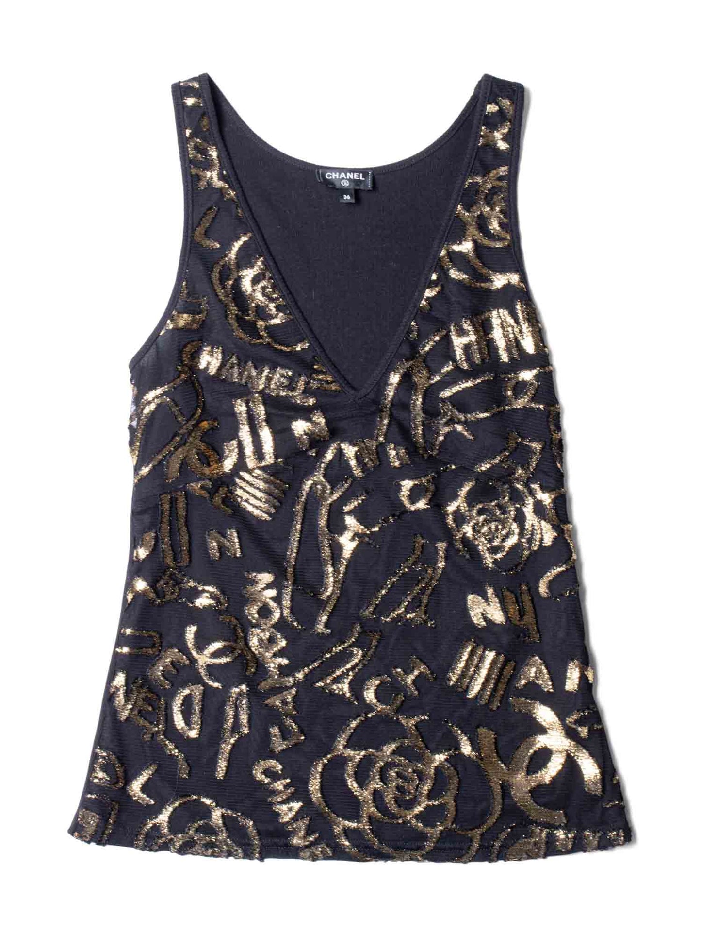 Chanel CC Logo Silk New York Graffiti Sleeveless Top Black Gold