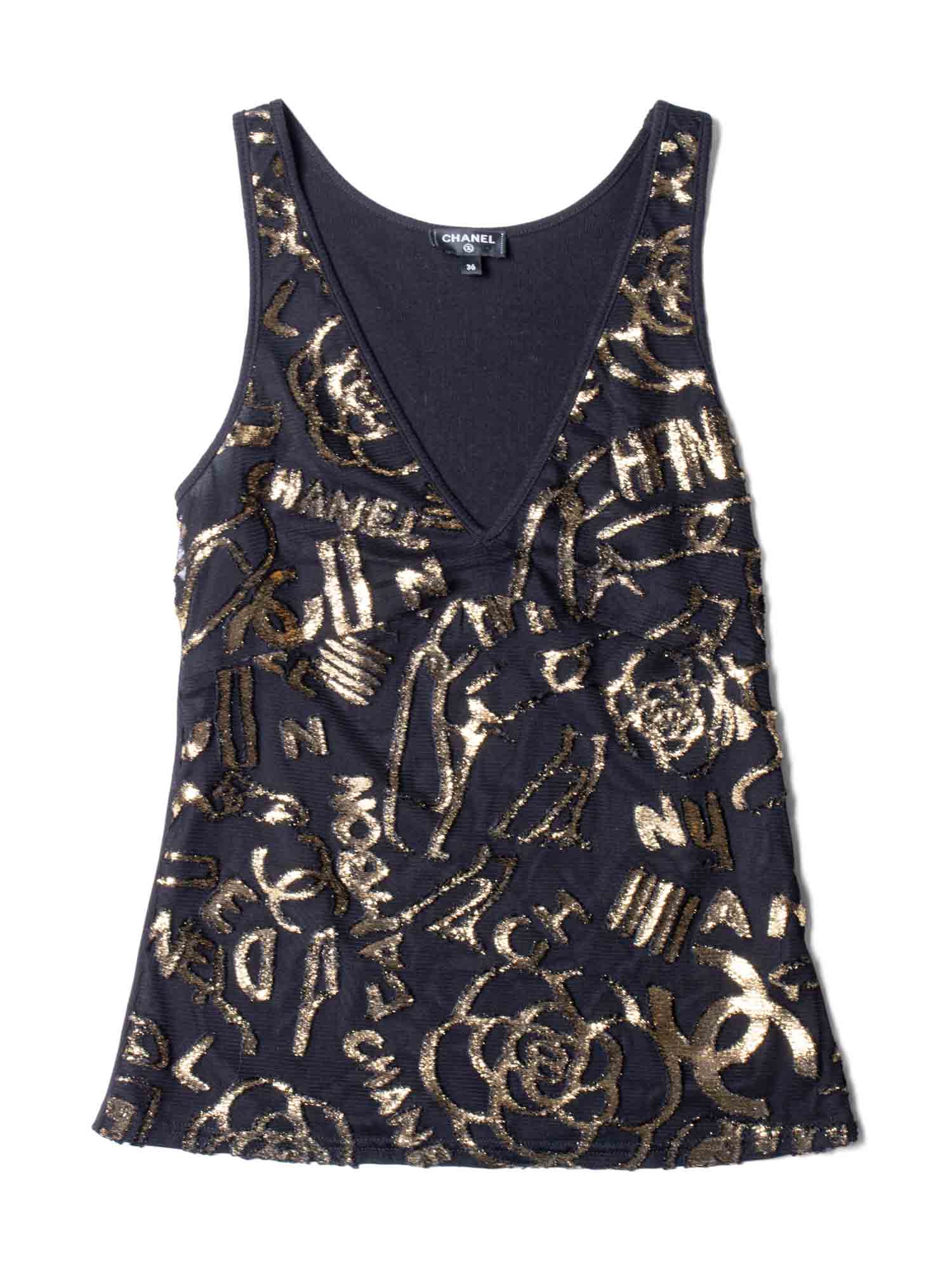 Chanel CC Logo Silk New York Graffiti Sleeveless Top Black Gold