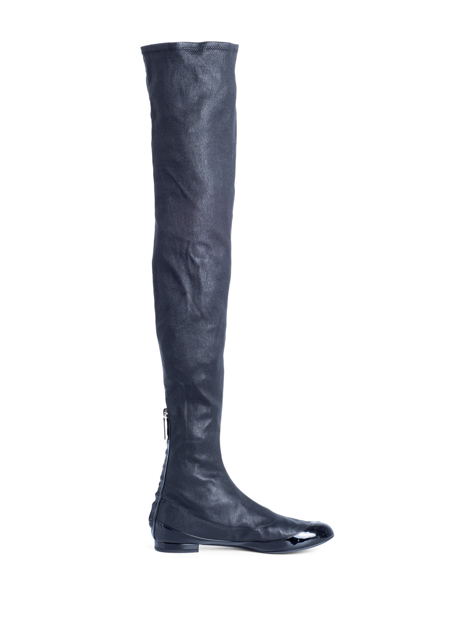 Chanel CC Logo Stretchy Leather Cap Toe Over The Knee Boots Black