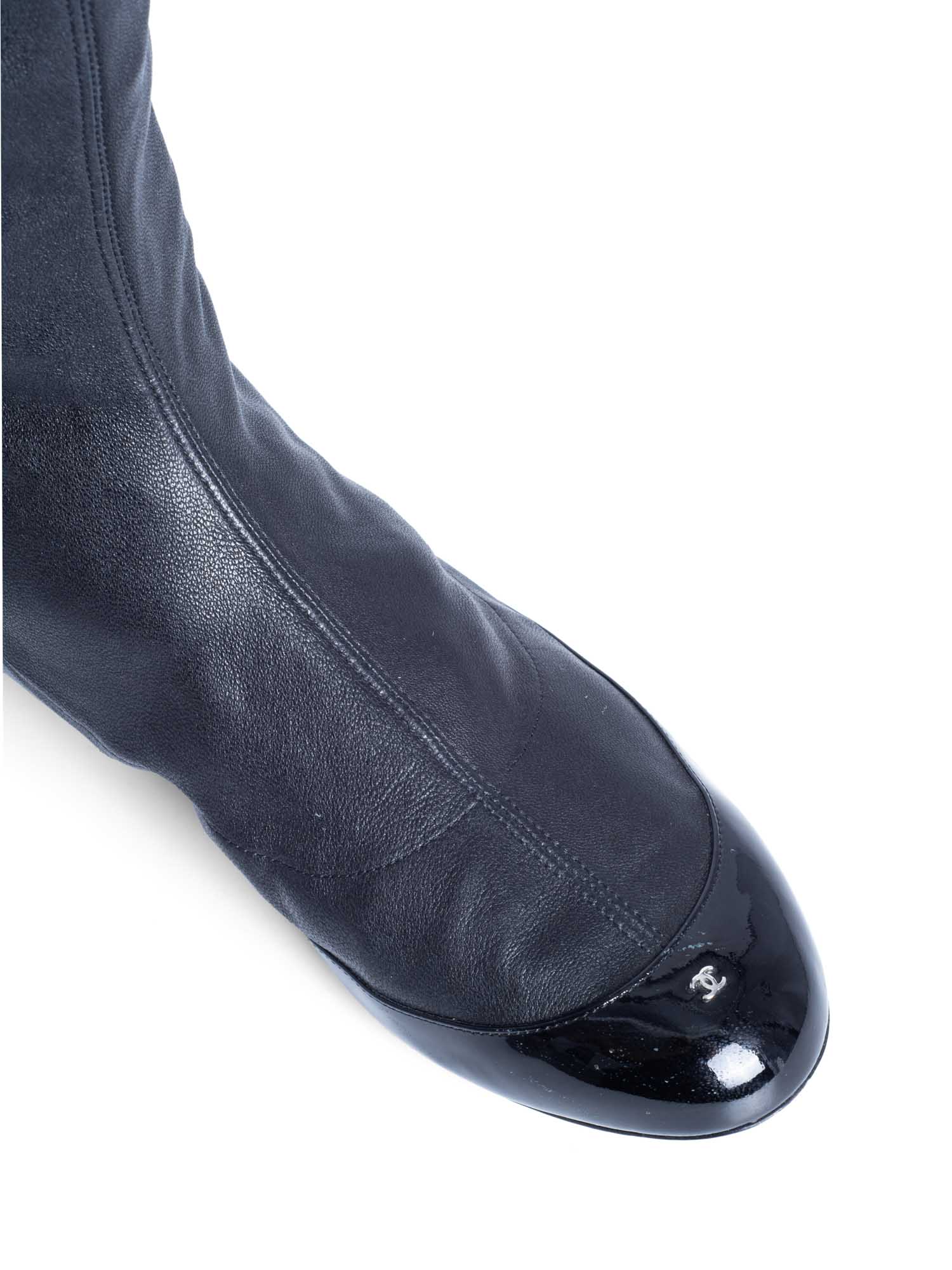 Chanel CC Logo Stretchy Leather Cap Toe Over The Knee Boots Black