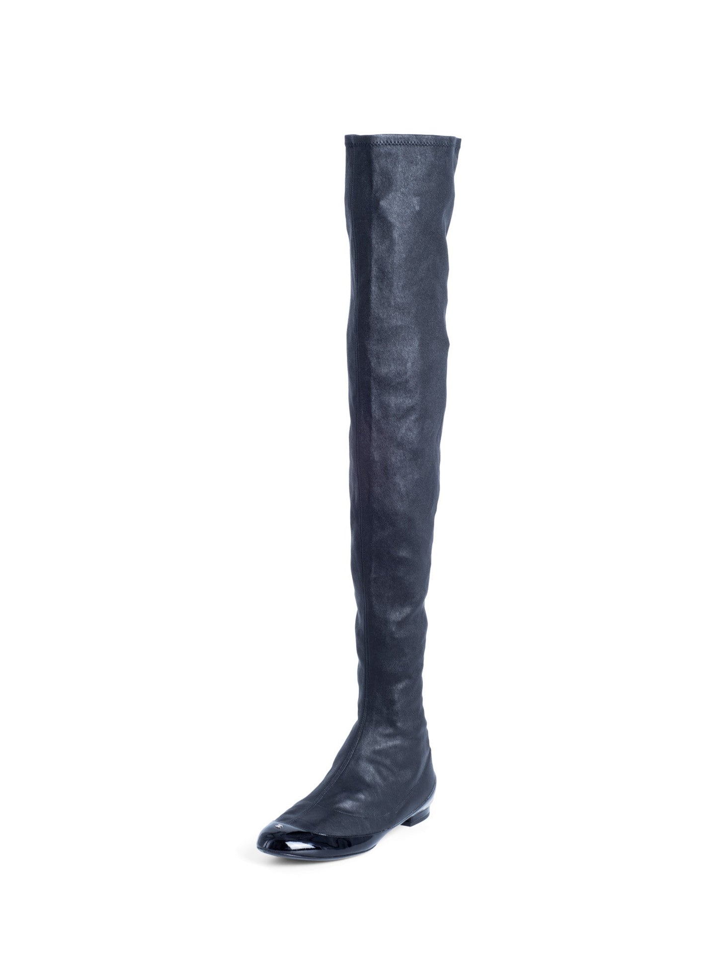 Chanel CC Logo Stretchy Leather Cap Toe Over The Knee Boots Black