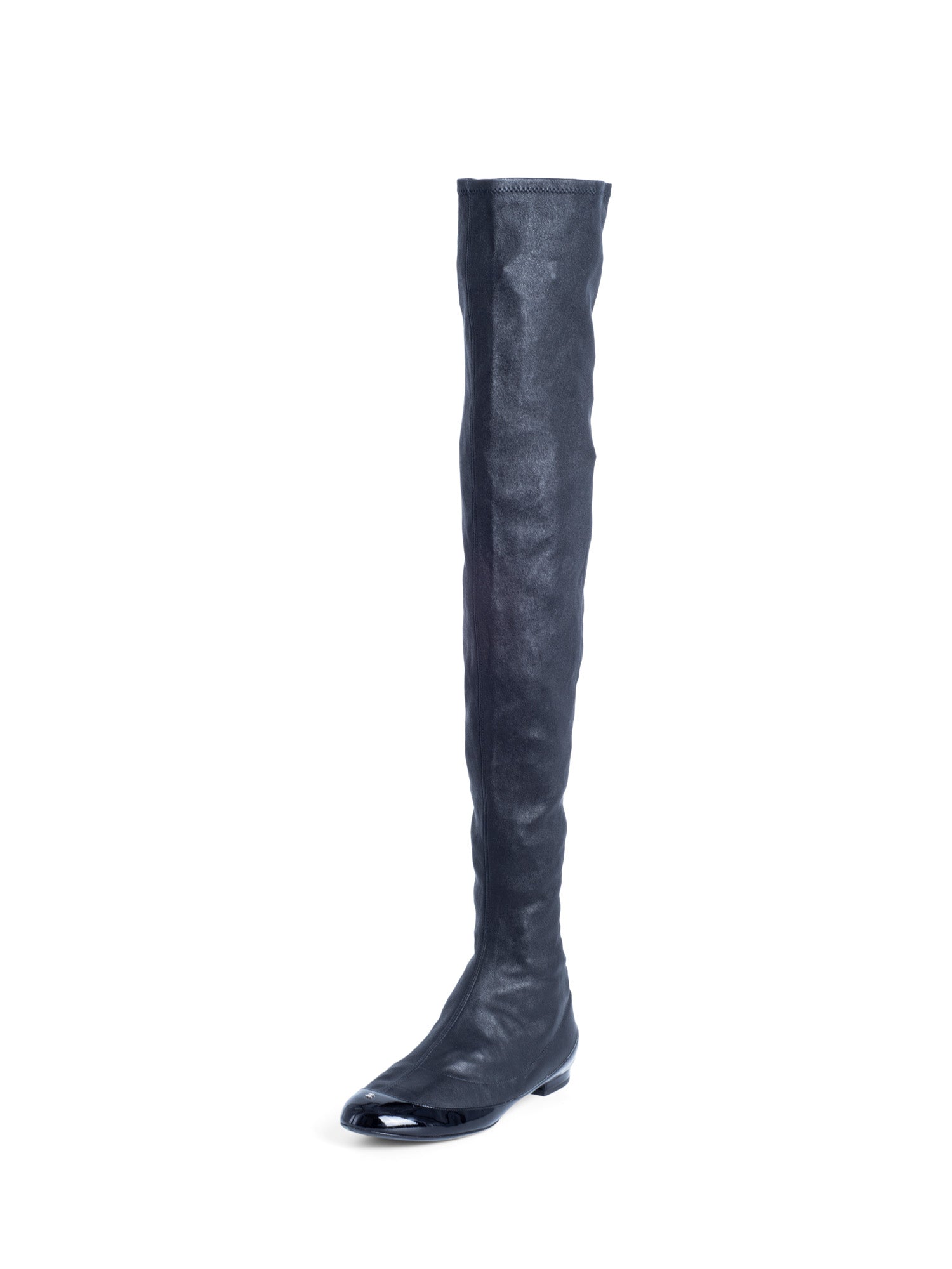 Chanel CC Logo Stretchy Leather Cap Toe Over The Knee Boots Black