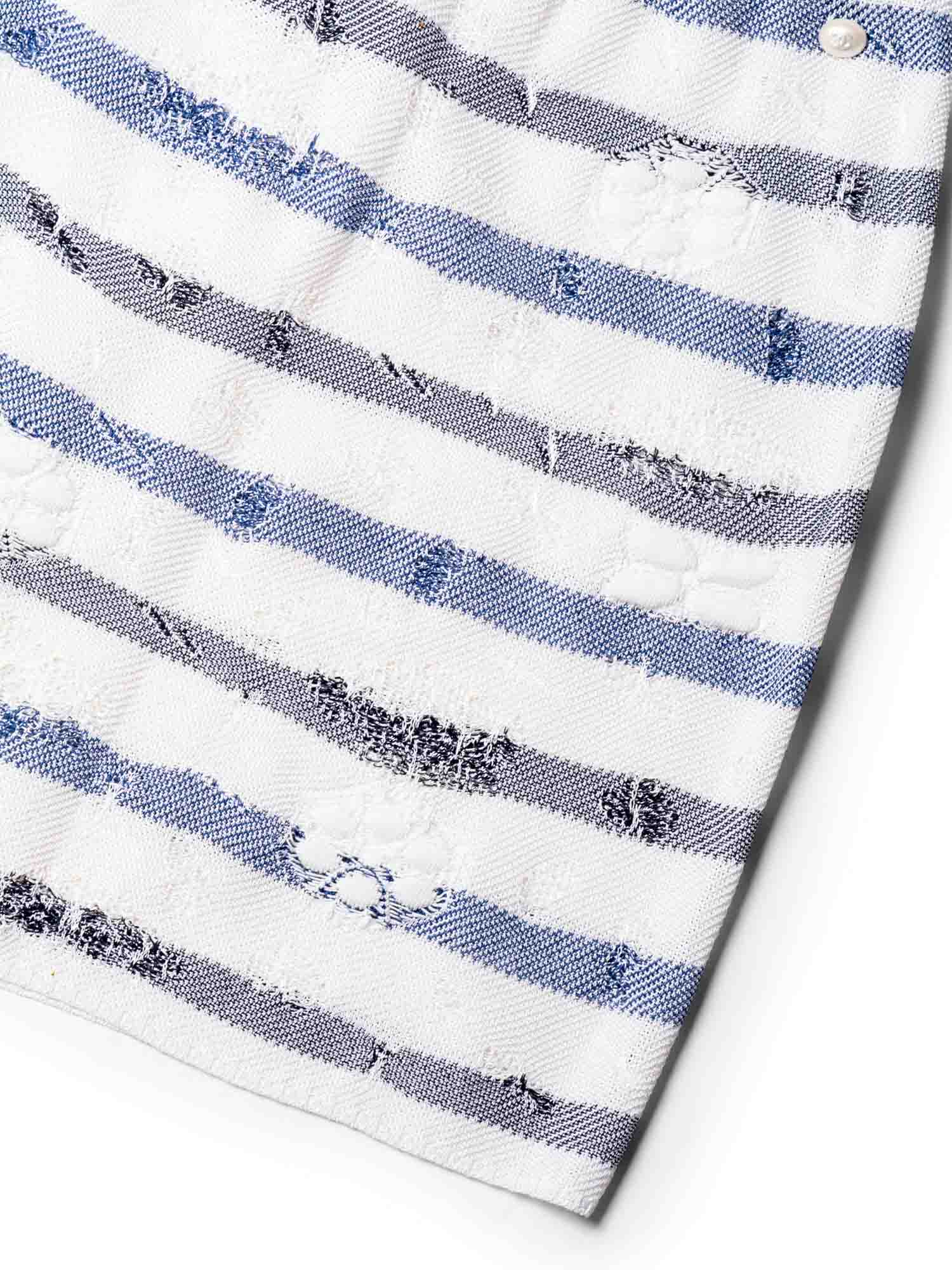 Chanel CC Logo Striped Knit Distressed Camellia Skirt White Navy Blue
