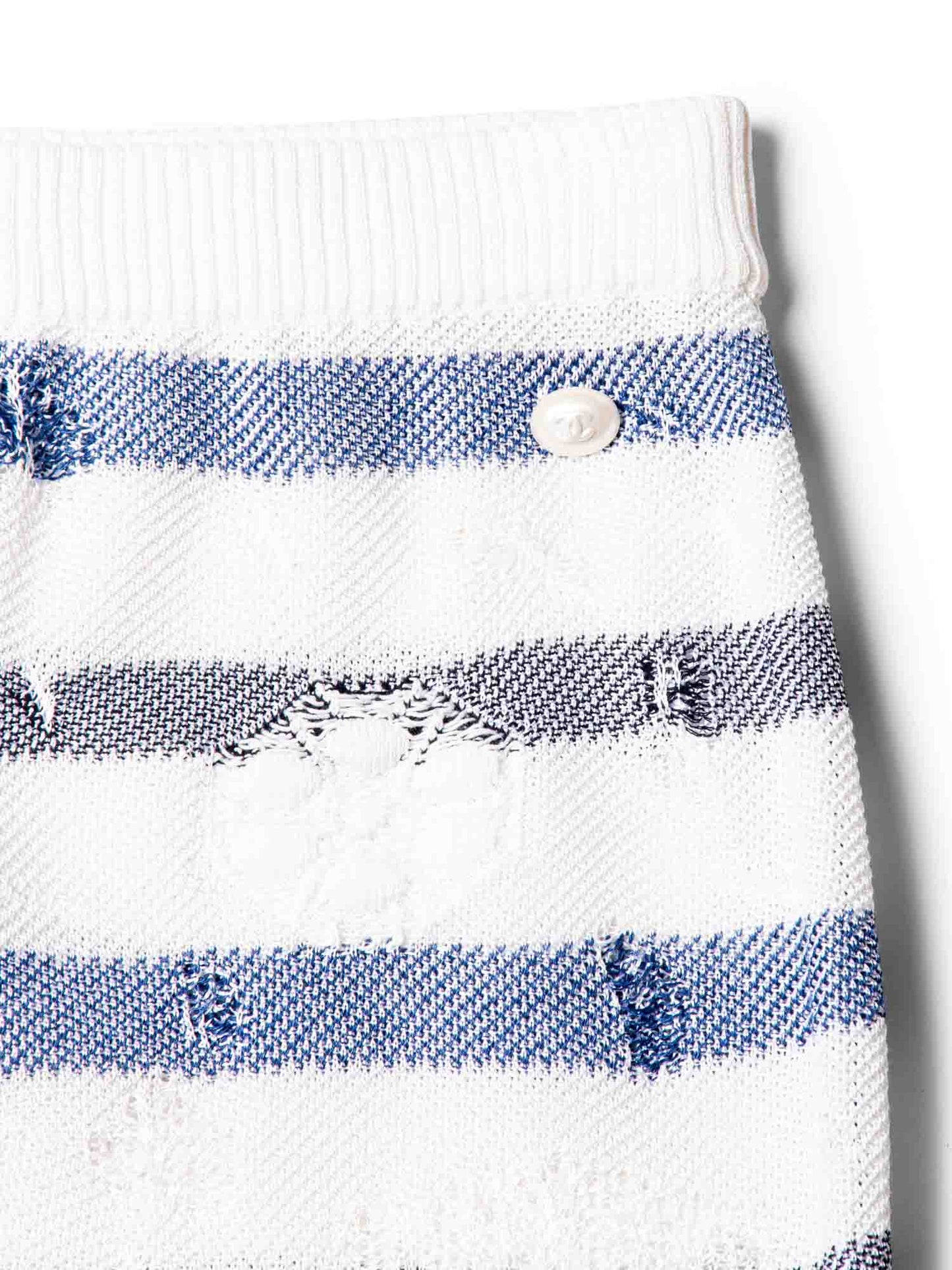 Chanel CC Logo Striped Knit Distressed Camellia Skirt White Navy Blue