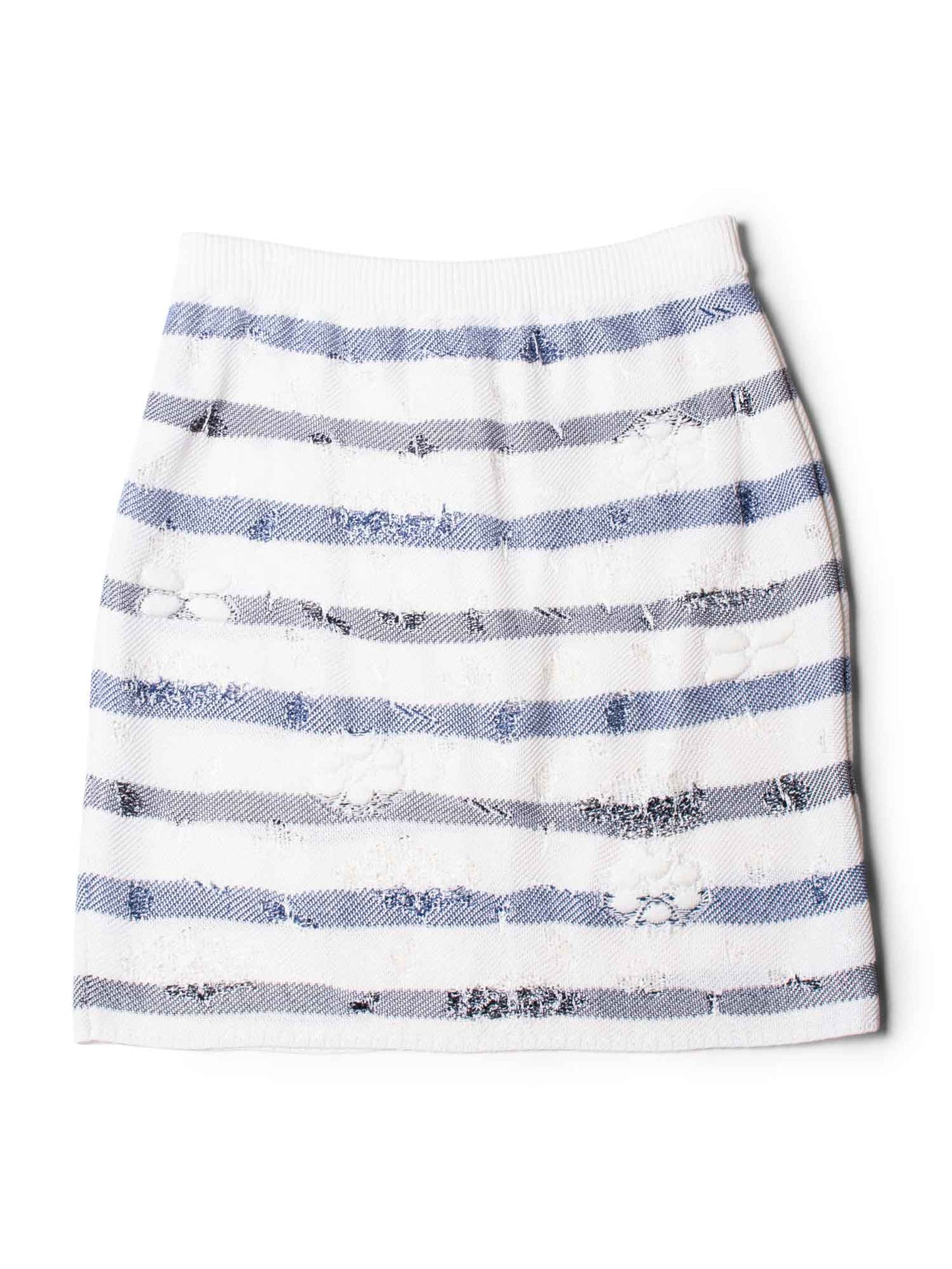 Chanel CC Logo Striped Knit Distressed Camellia Skirt White Navy Blue