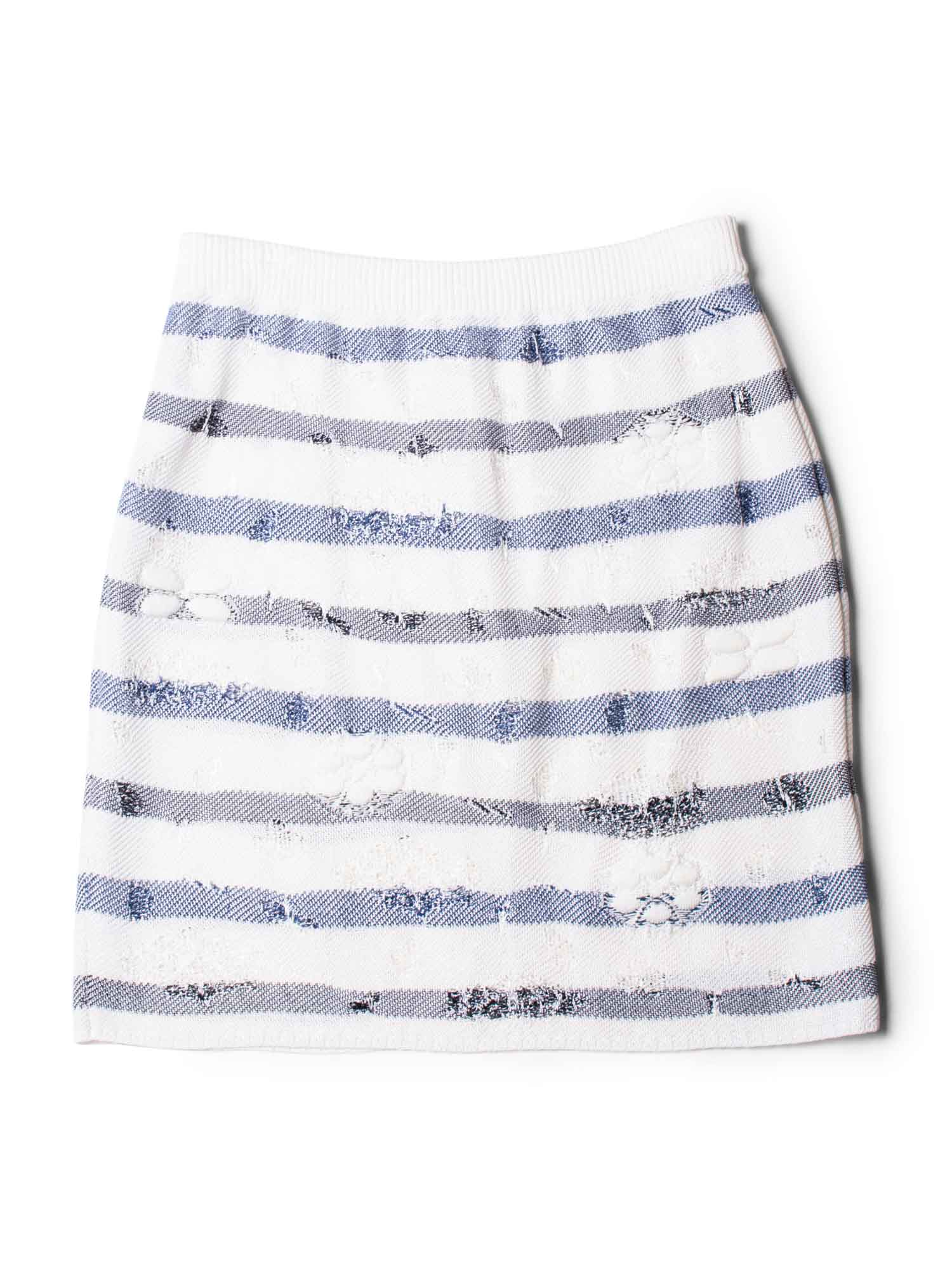 Chanel CC Logo Striped Knit Distressed Camellia Skirt White Navy Blue