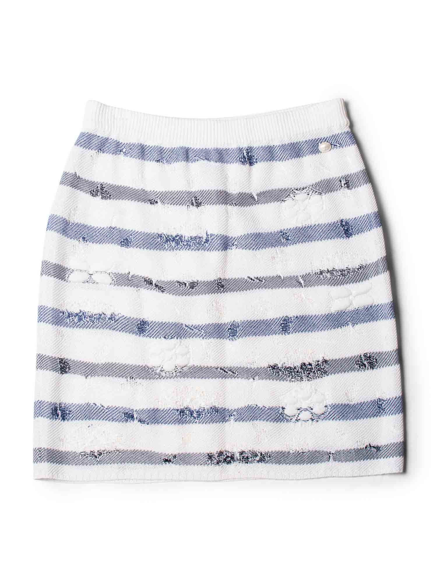 Chanel CC Logo Striped Knit Distressed Camellia Skirt White Navy Blue