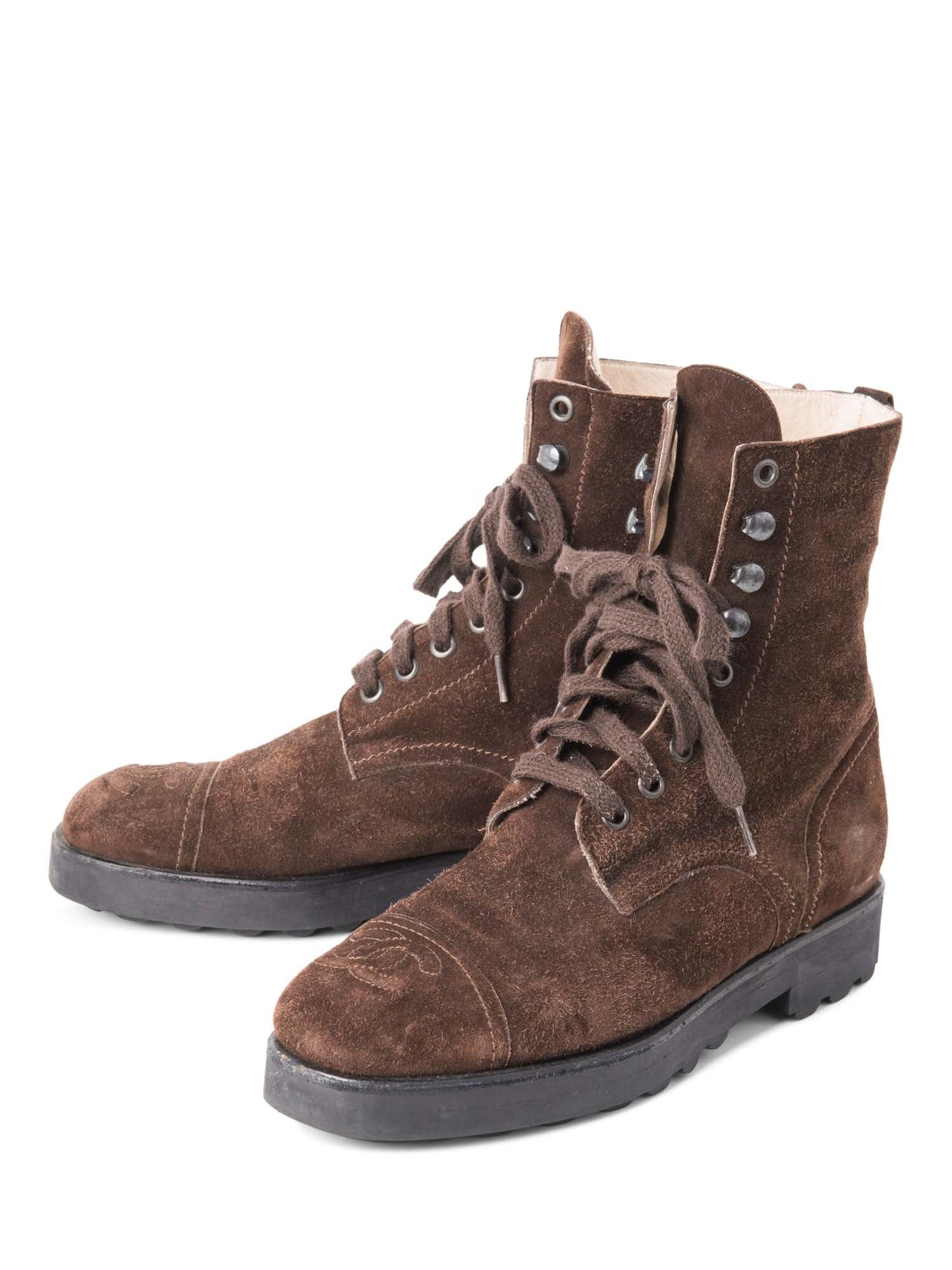 Chanel CC Logo Suede Biker Boots Brown