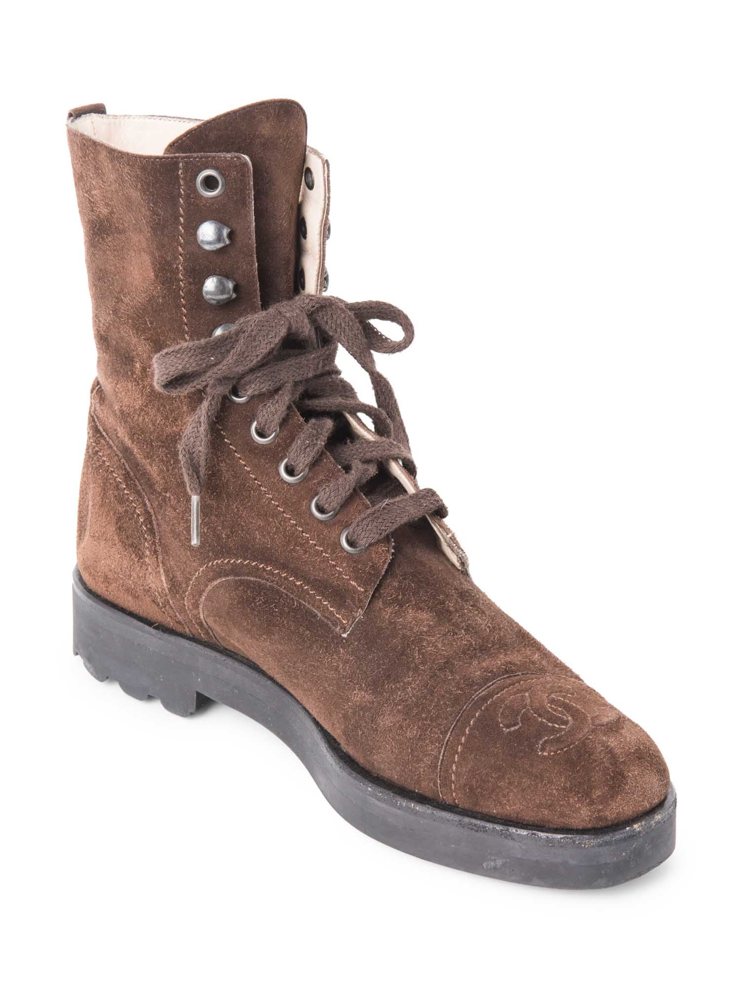 Chanel CC Logo Suede Biker Boots Brown