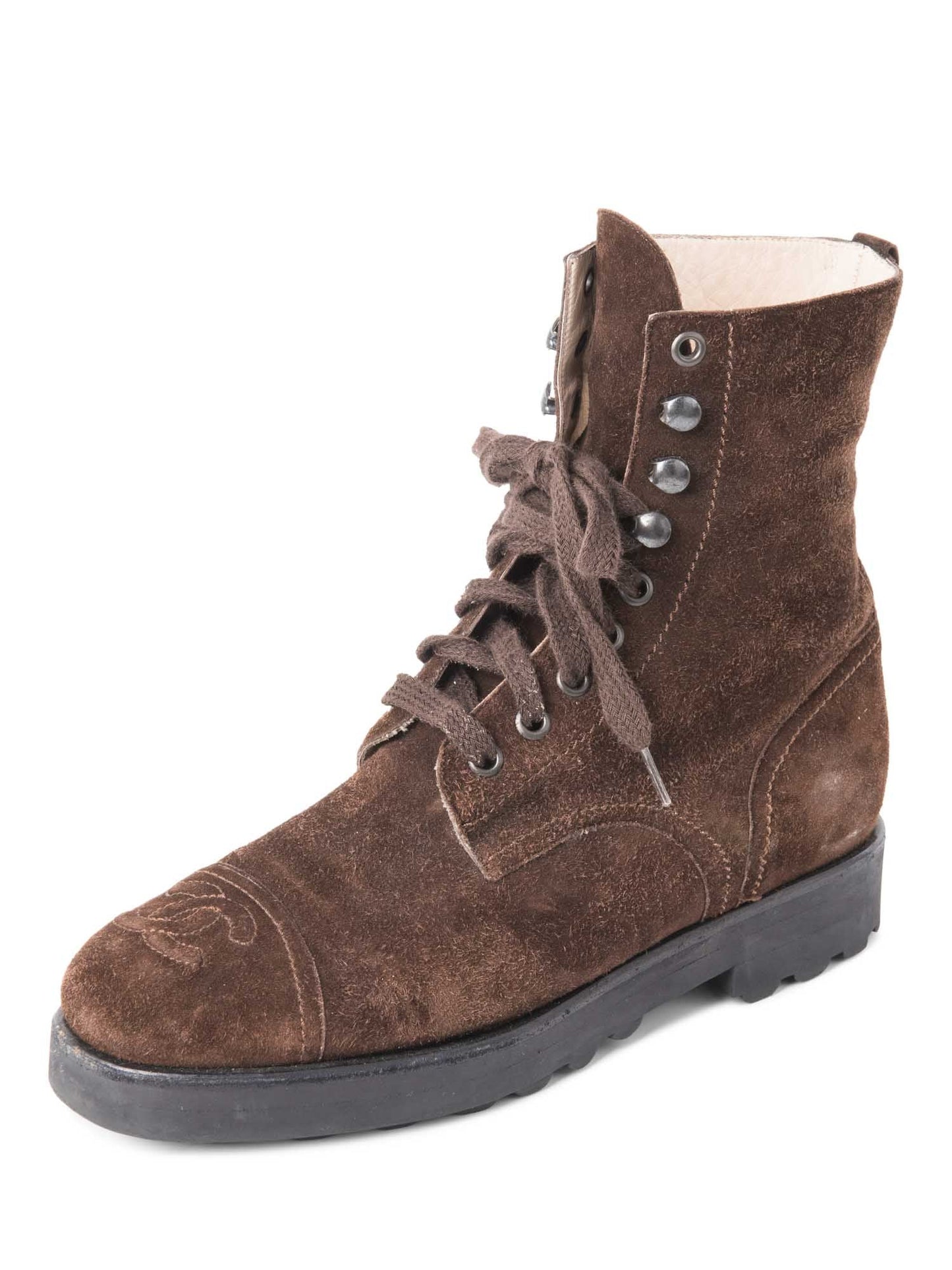 Chanel CC Logo Suede Biker Boots Brown