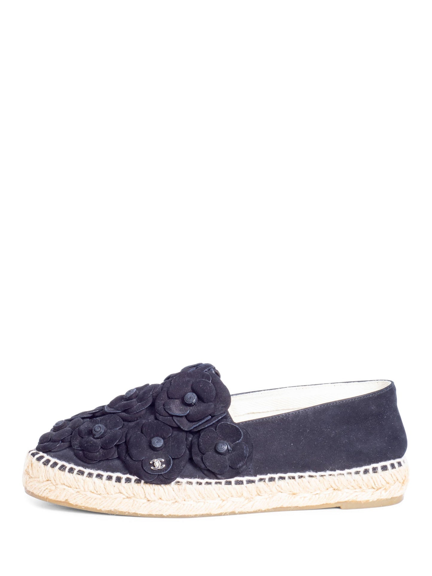 Chanel CC Logo Suede Camellia Espadrilles Black