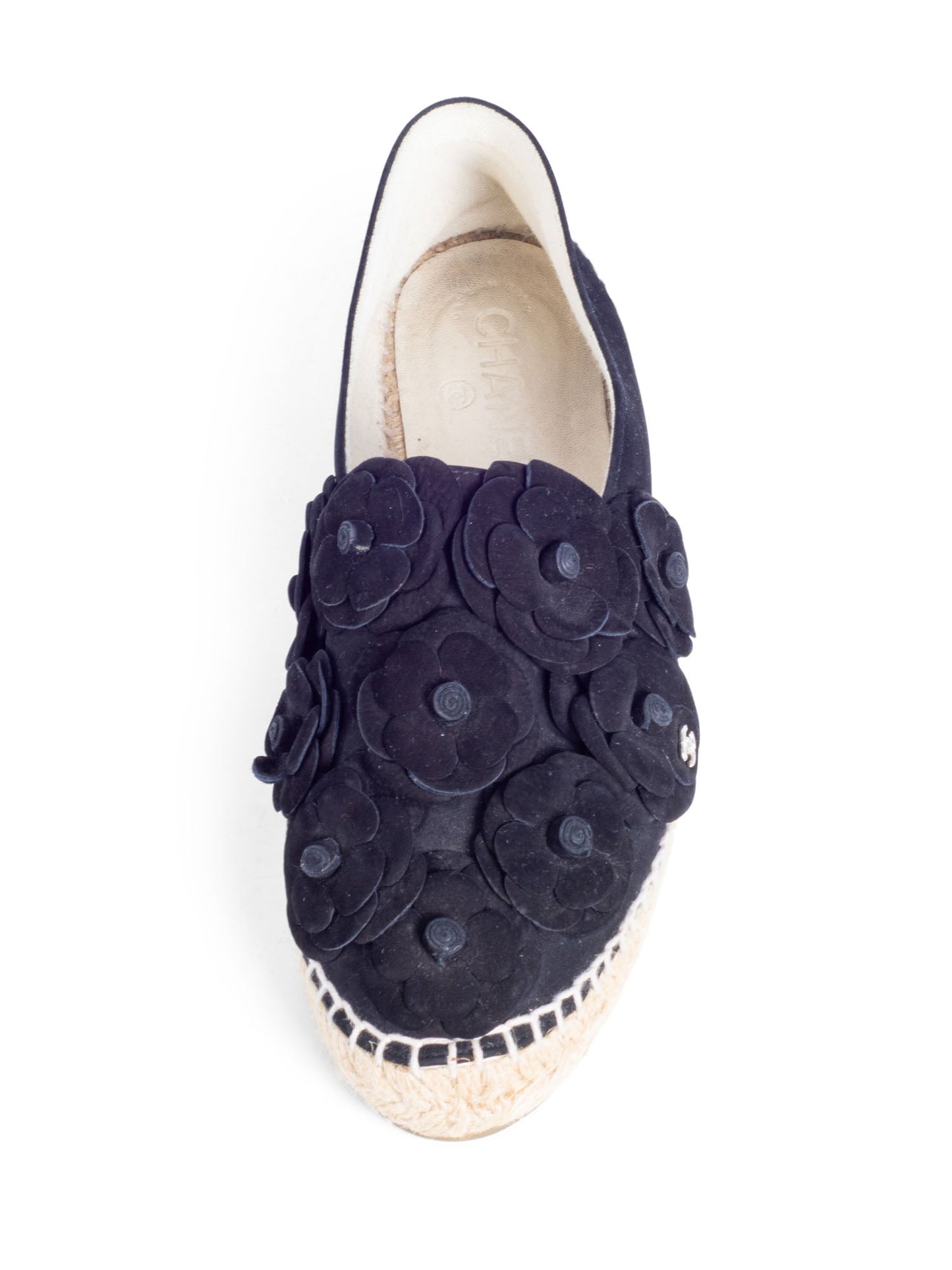 Chanel CC Logo Suede Camellia Espadrilles Black
