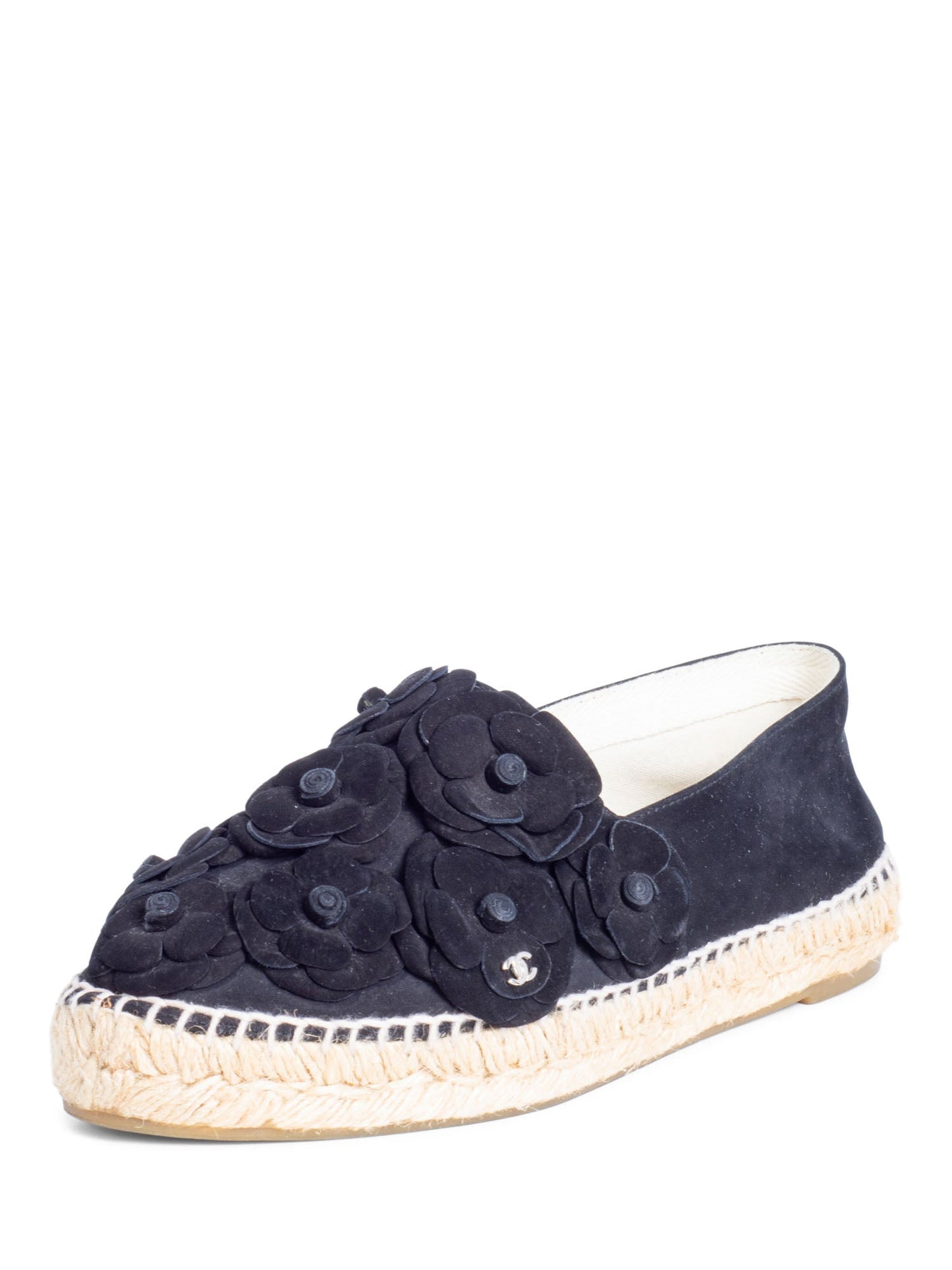 Chanel CC Logo Suede Camellia Espadrilles Black