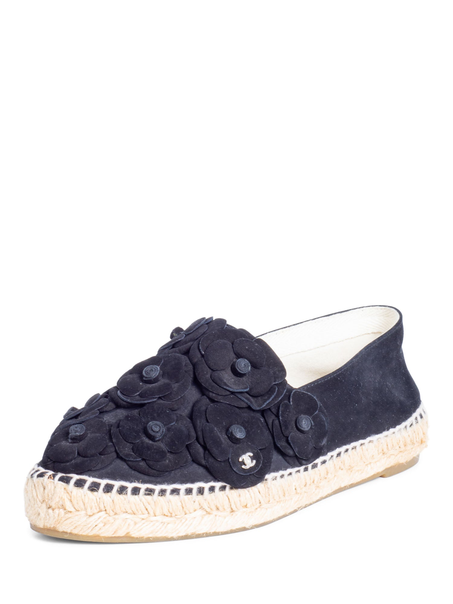 Chanel CC Logo Suede Camellia Espadrilles Black
