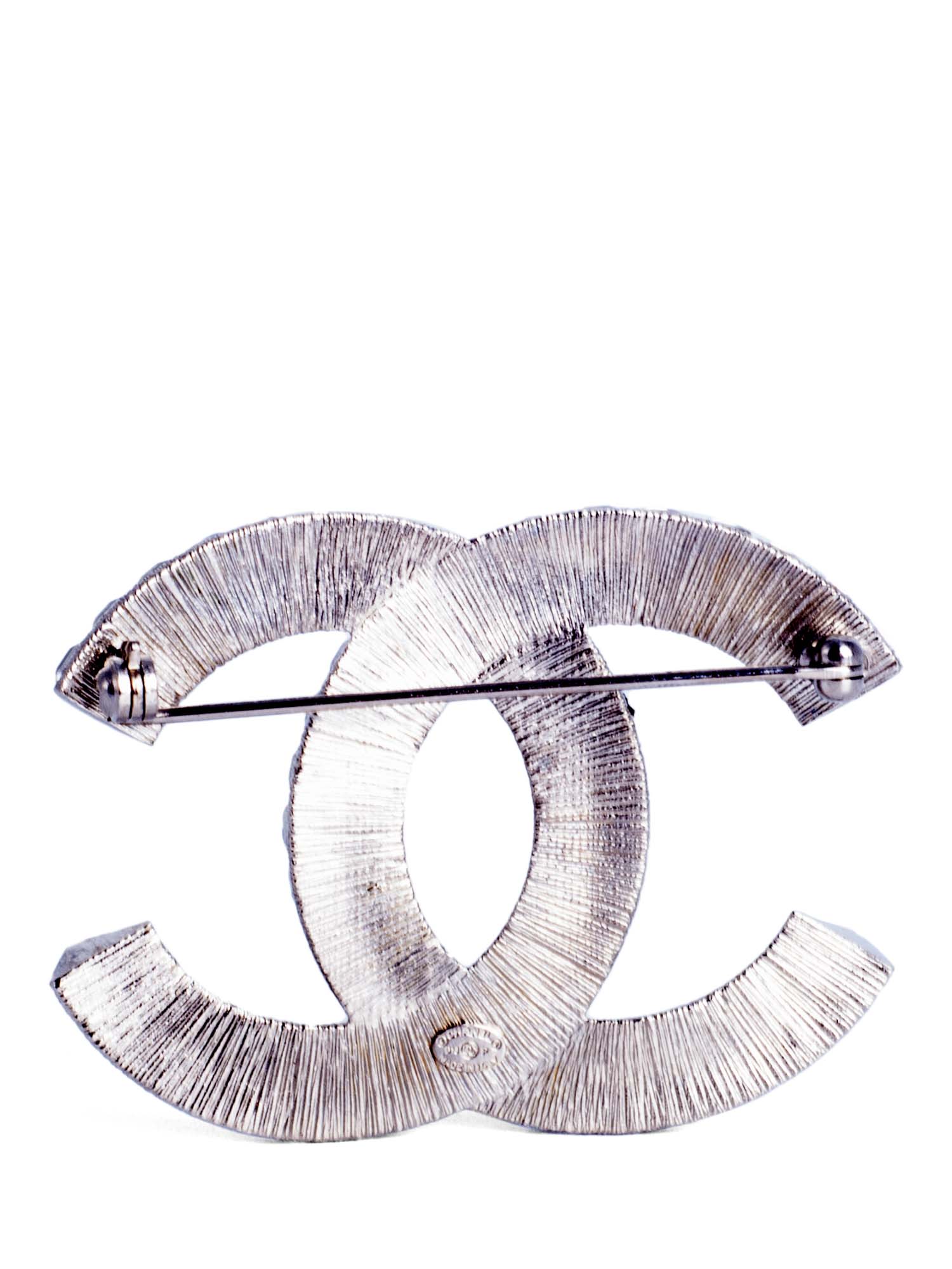 Chanel CC Logo Swarovski Crystal Large Brooch Pin Silver